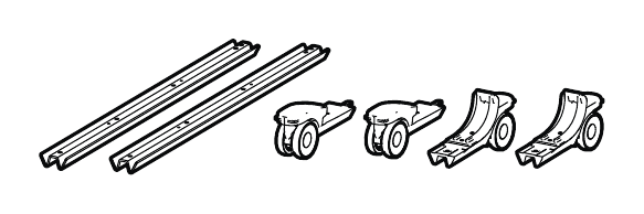 Line drawing of the Cisco CS-BRD75P-WUK= Board Pro 75 wheel upgrade kit - two base rails, two castors and two feet - taken from Cisco's Board Pro Spare Parts List; Cisco does not publish a photograph of this part