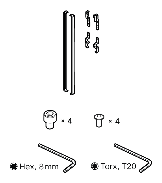 Line drawing of the Cisco CS-BRD75P-WSA= Board Pro 75 wall stand adapter set - two adapter rails, four brackets, bolts, screws and the hex and Torx keys - taken from Cisco's Board Pro Spare Parts List; Cisco does not publish a photograph of this part