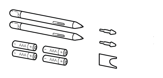 Line drawing of the Cisco CS-BRDP-ACTSTYL= pack contents - two active styluses, four AAA batteries, two spare pen tips and the tip-changing tool - taken from Cisco's Board Pro Spare Parts List; Cisco does not publish a photograph of this part