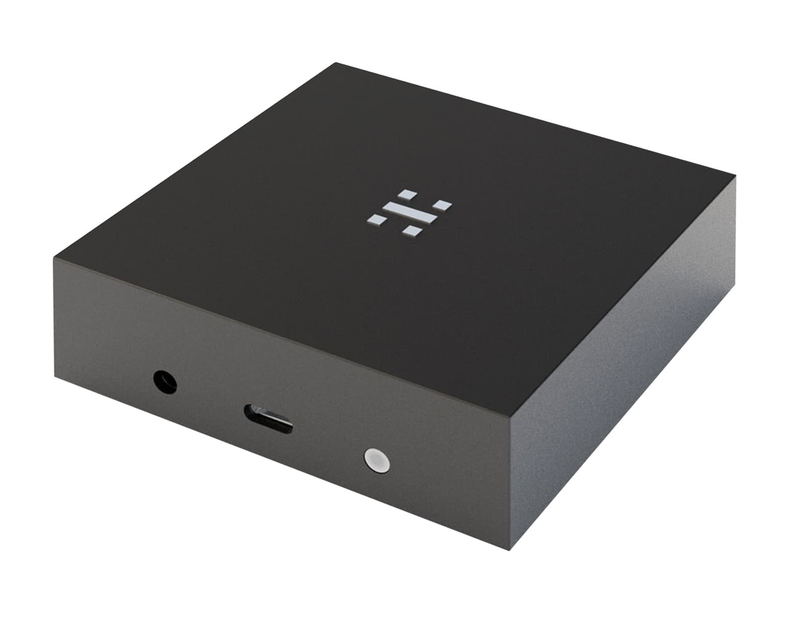 Crestron UC-CAMA-ADPT-ENET-USB camera adapter, three-quarter view of the black aluminium housing showing the USB-C port and status LED, as published by Crestron