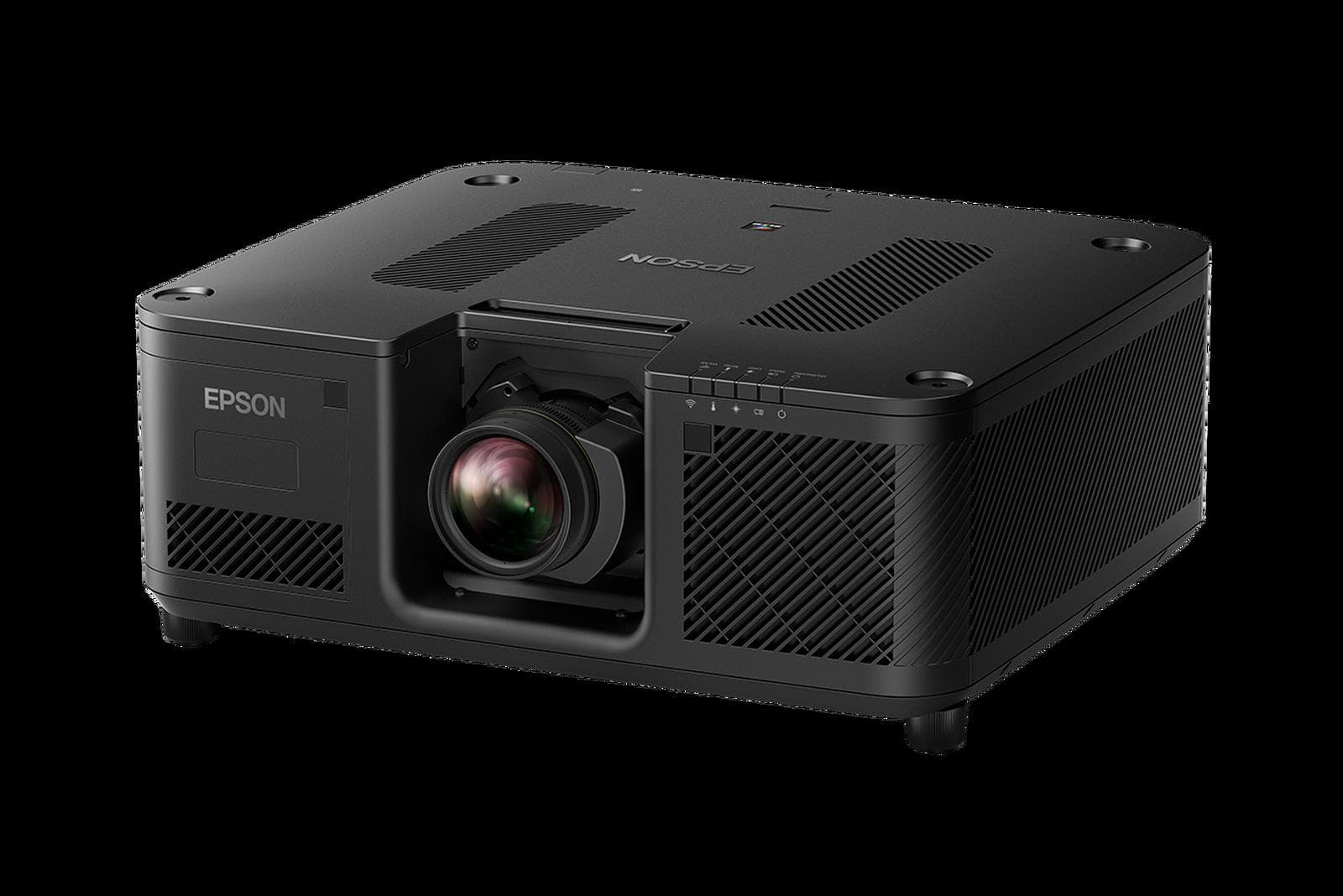 Epson EB-XQ2030B 30,000-lumen 4K laser installation projector, front three-quarter view, shown with an optional lens fitted - the projector body is supplied without a lens