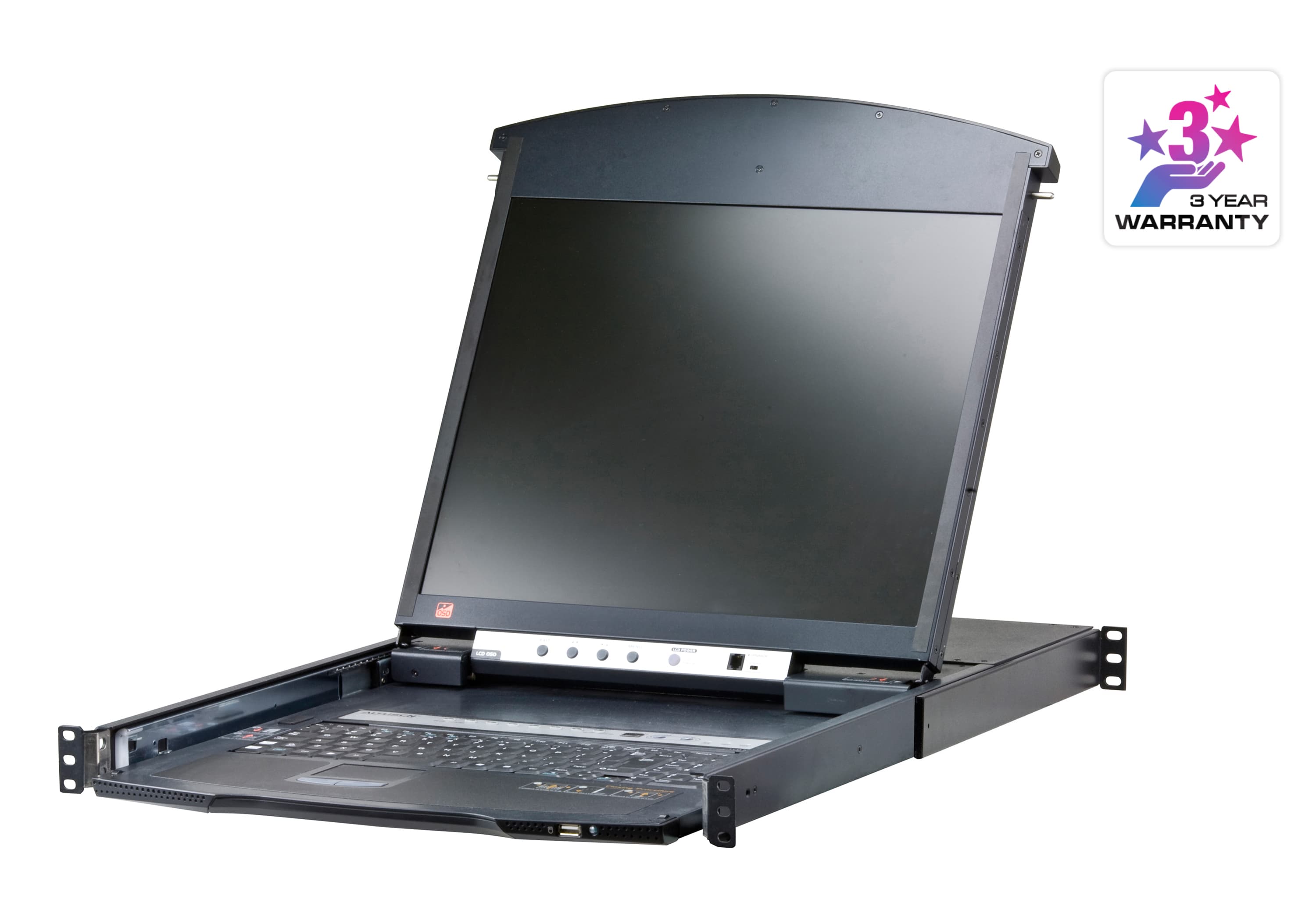 ATEN KL1508AIN LCD KVM console drawer — three-quarter product view. Series image shared with the KL1508AIM; the KL1508AIN is the 19-inch panel version.
