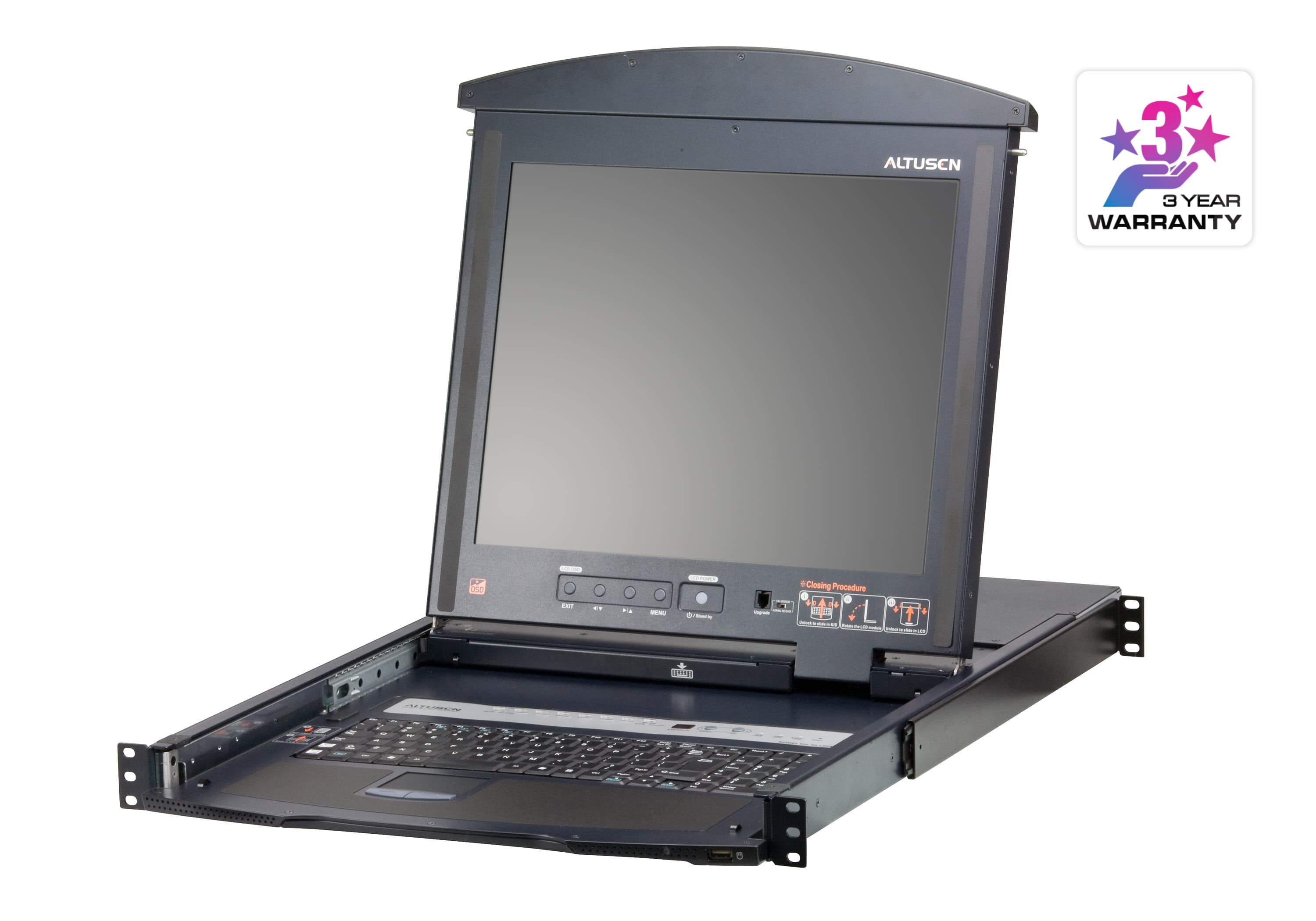 ATEN KL1508AN LCD KVM console drawer — three-quarter product view. Series image shared with the KL1508AM; the KL1508AN is the 19-inch panel version.