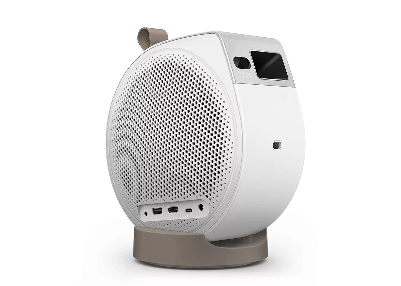 BenQ GV32 portable LED projector on its swivel base, rear three-quarter view showing the speaker grille and the USB, HDMI, USB-C and 3.5mm ports