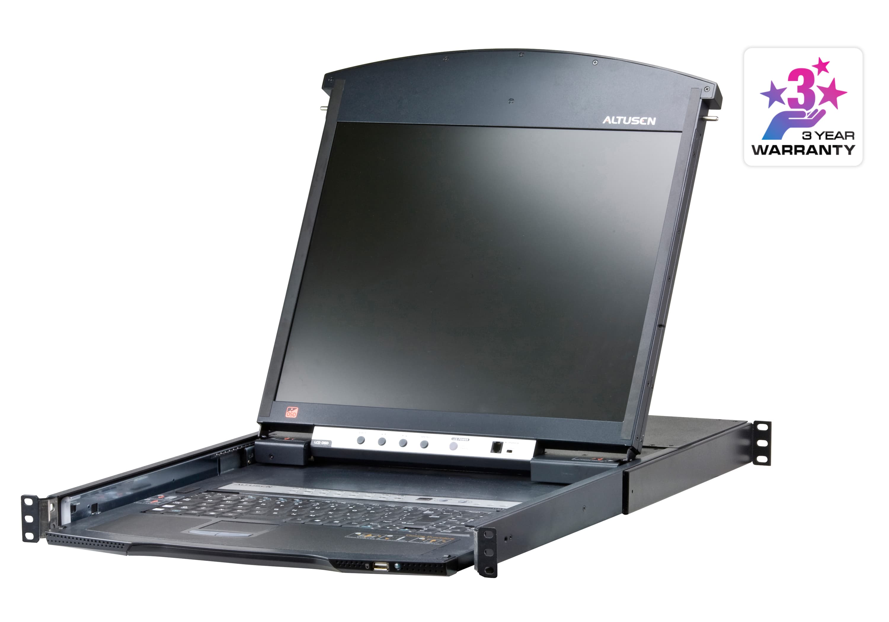 ATEN KL1516AIN LCD KVM console drawer — three-quarter product view. Series image shared with the KL1516AIM; the KL1516AIN is the 19-inch panel version.