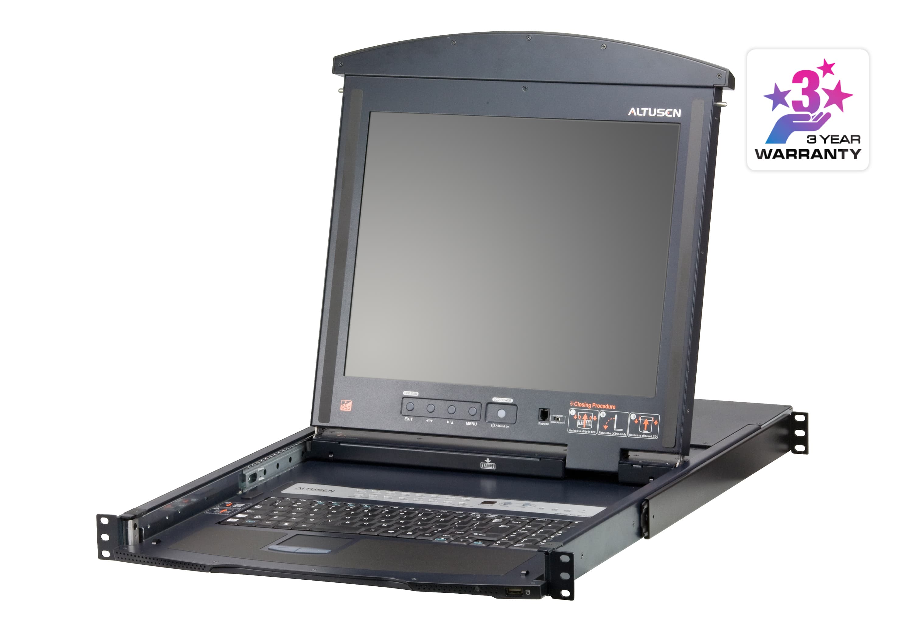 ATEN KL1516AM LCD KVM console drawer — three-quarter product view. Series image shared with the KL1516AN; the KL1516AM is the 17-inch panel version.