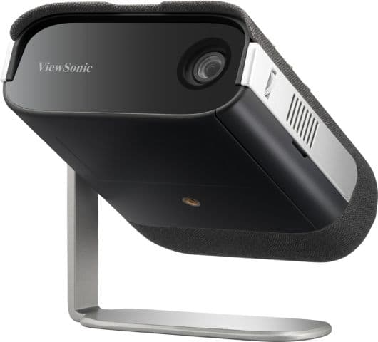 ViewSonic M1X series portable projector on its integrated swivel stand, left front three-quarter view - ViewSonic supplies M1X/M1S series photography for the M1XE