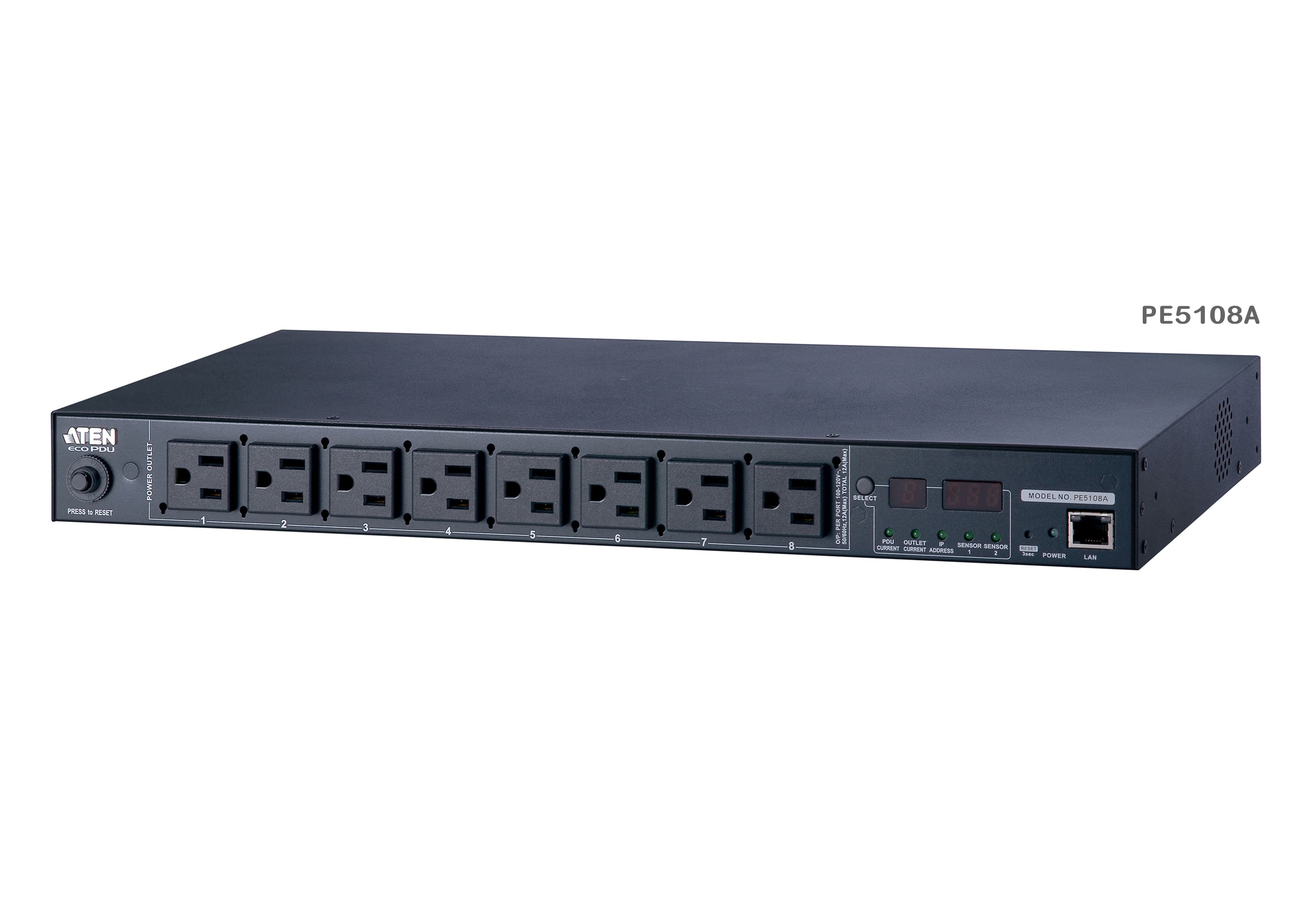 ATEN PE5108G rack-mount eco PDU — three-quarter product view. Series image: ATEN photographs this PDU family as one set and the unit shown may be a different regional variant; the PE5108G has inlet IEC 60320 C14 and 8 x IEC320 C13.