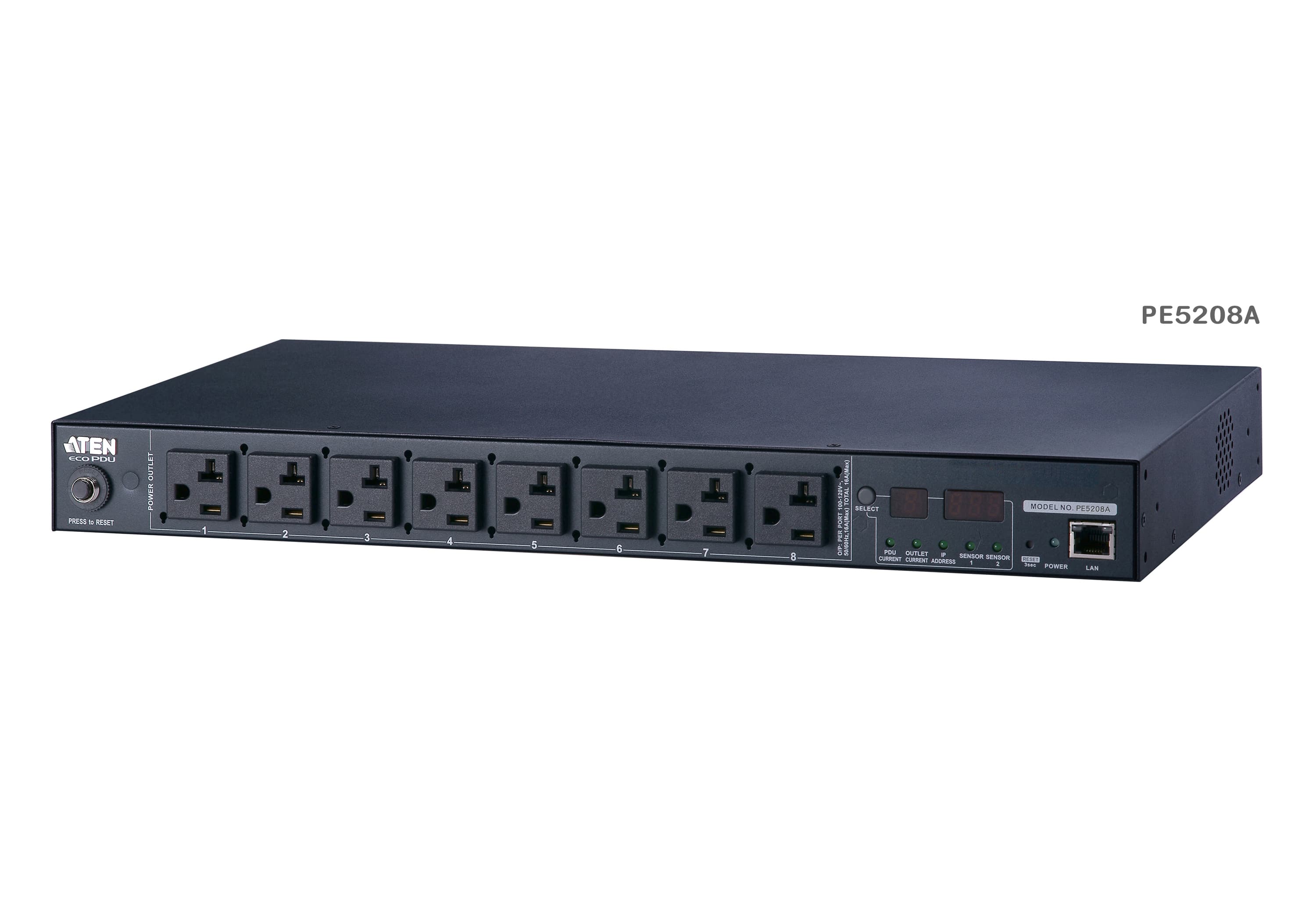 ATEN PE5208G rack-mount eco PDU — three-quarter product view. Series image: ATEN photographs this PDU family as one set and the unit shown may be a different regional variant; the PE5208G has inlet IEC 60320 C20 and 7 x IEC320 C13 + 1 x IEC320 C19.