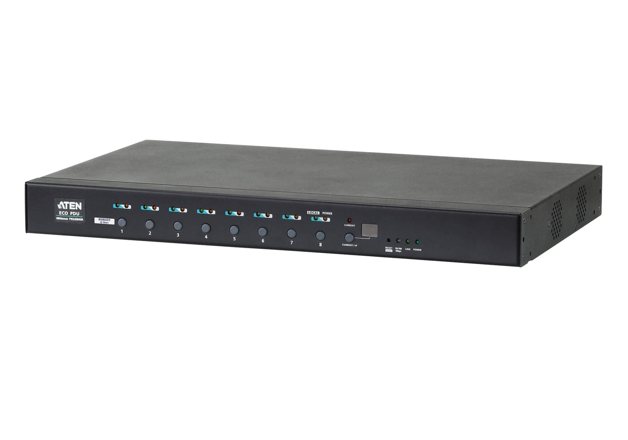 ATEN PE6208AV rack-mount eco PDU — three-quarter product view. Series image: ATEN photographs this PDU family as one set and the unit shown may be a different regional variant; the PE6208AV has inlet A/J:NEMA L5-20P and 8 x NEMA 5-20R.