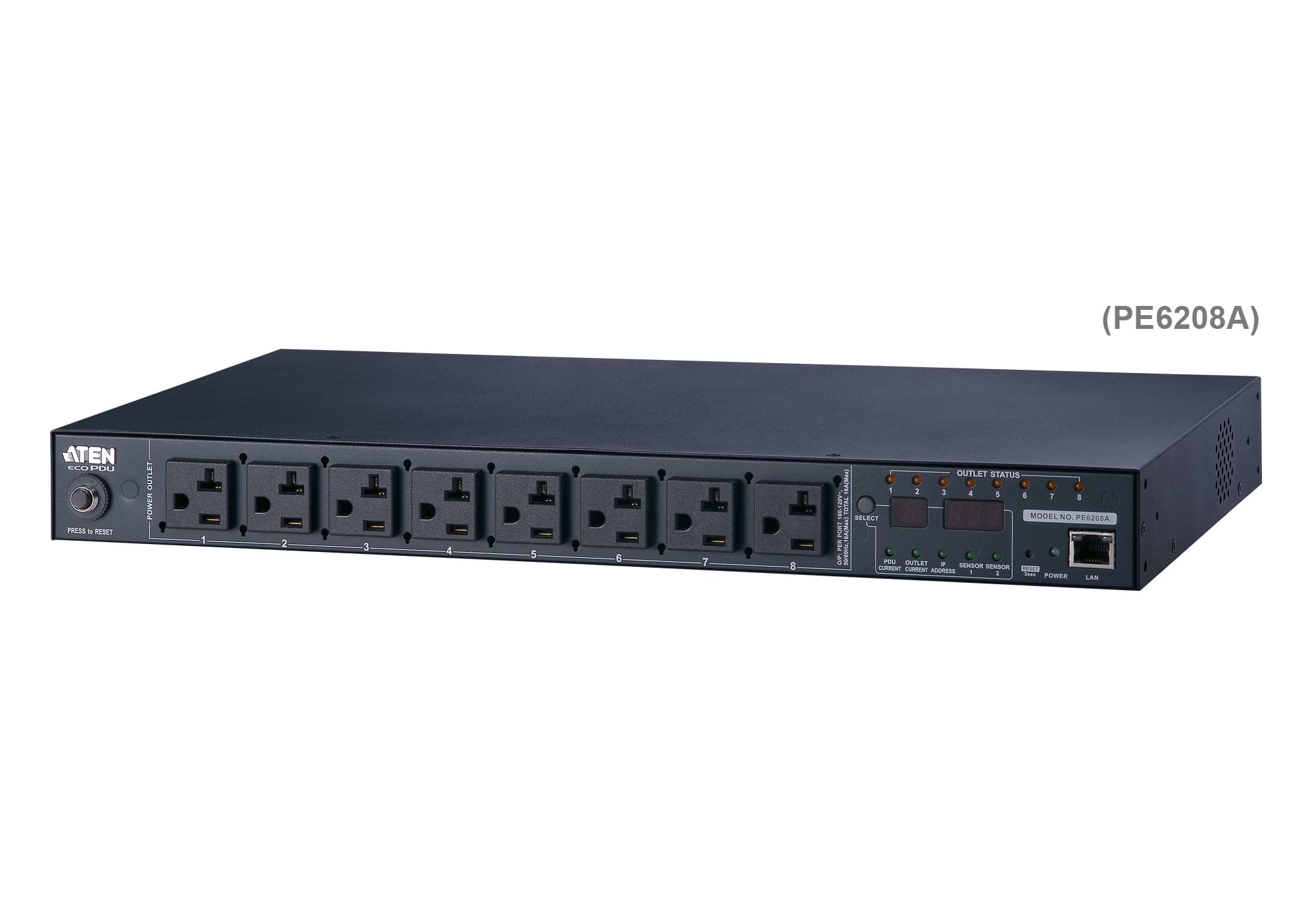 ATEN PE6208G rack-mount eco PDU — three-quarter product view. Series image: ATEN photographs this PDU family as one set and the unit shown may be a different regional variant; the PE6208G has inlet IEC 60320 C20 and 7 x IEC320 C13 + 1 x IEC320 C19.