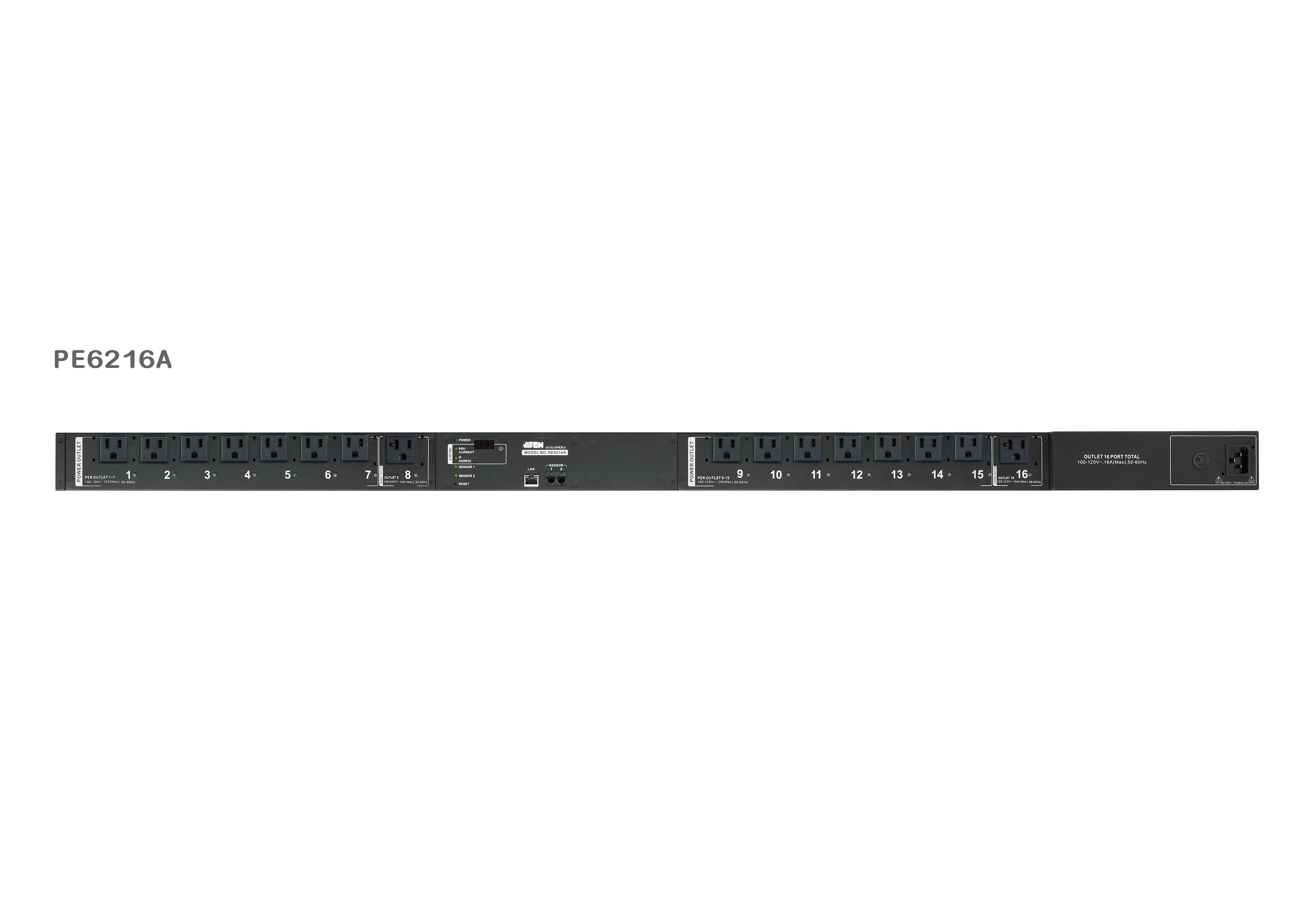 ATEN PE6216G rack-mount eco PDU — three-quarter product view. Series image: ATEN photographs this PDU family as one set and the unit shown may be a different regional variant; the PE6216G has inlet IEC 60320 C20 and 14 x IEC320 C13 + 2 x IEC320 C19.