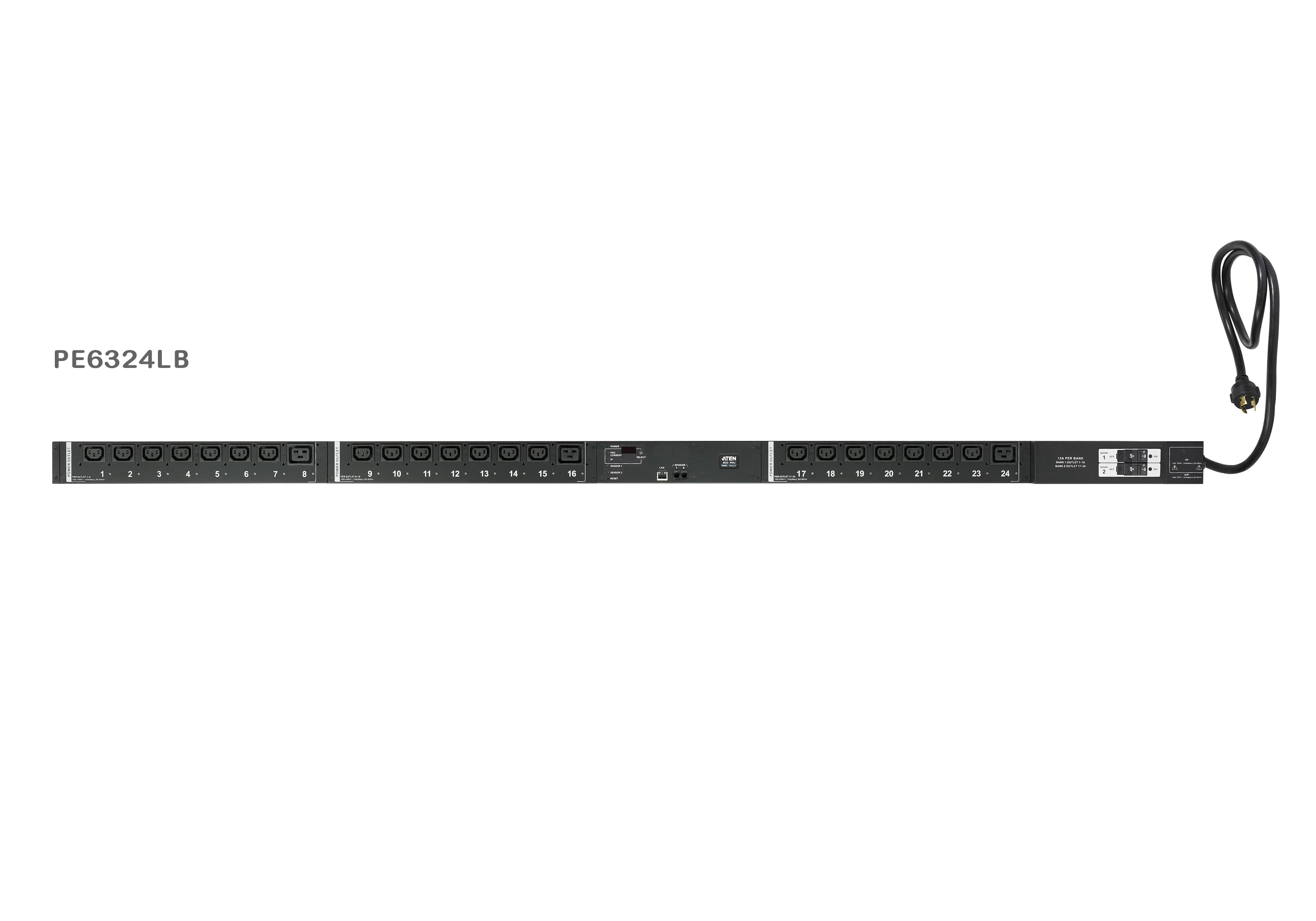 ATEN PE6324LG rack-mount eco PDU — three-quarter product view. Series image: ATEN photographs this PDU family as one set and the unit shown may be a different regional variant; the PE6324LG has inlet IEC 60309 32A and 21 x IEC320 C13 + 3 x IEC320 C19.