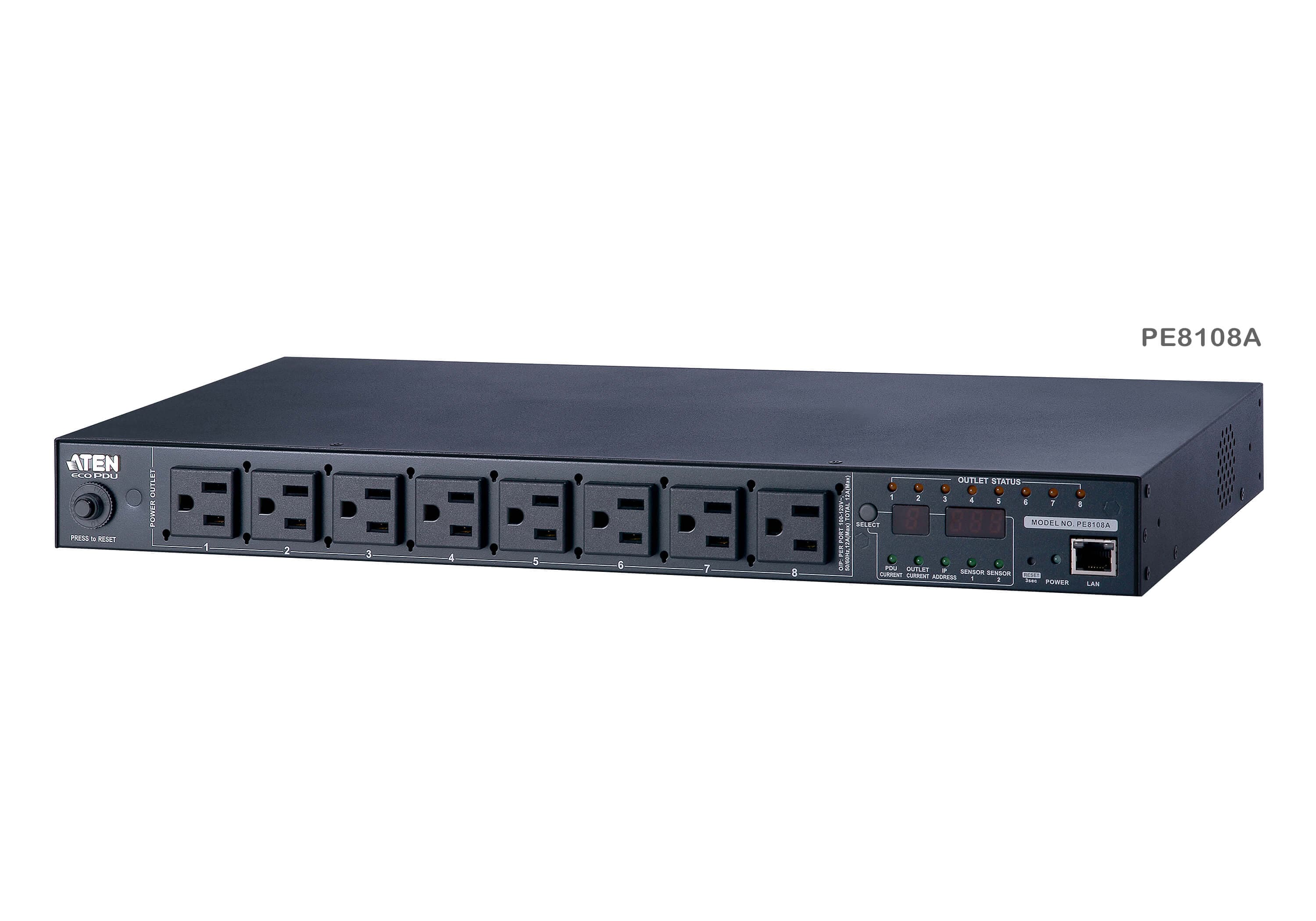 ATEN PE8108G rack-mount eco PDU — three-quarter product view. Series image: ATEN photographs this PDU family as one set and the unit shown may be a different regional variant; the PE8108G has inlet IEC 60320 C14 and 8 x IEC320 C13.