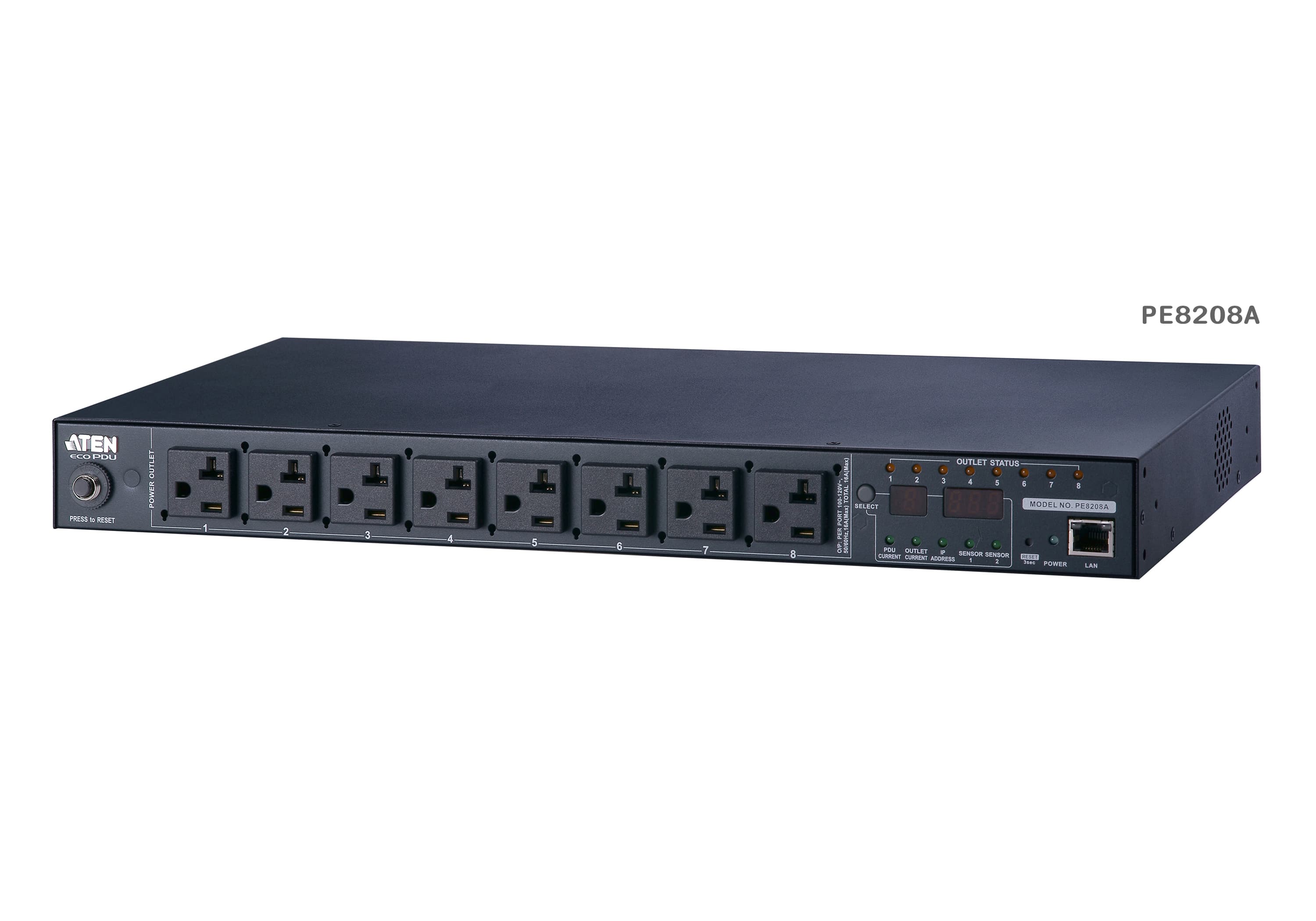 ATEN PE8208G rack-mount eco PDU — three-quarter product view. Series image: ATEN photographs this PDU family as one set and the unit shown may be a different regional variant; the PE8208G has inlet IEC 60320 C20 and 7 x IEC320 C13 + 1 x IEC320 C19.