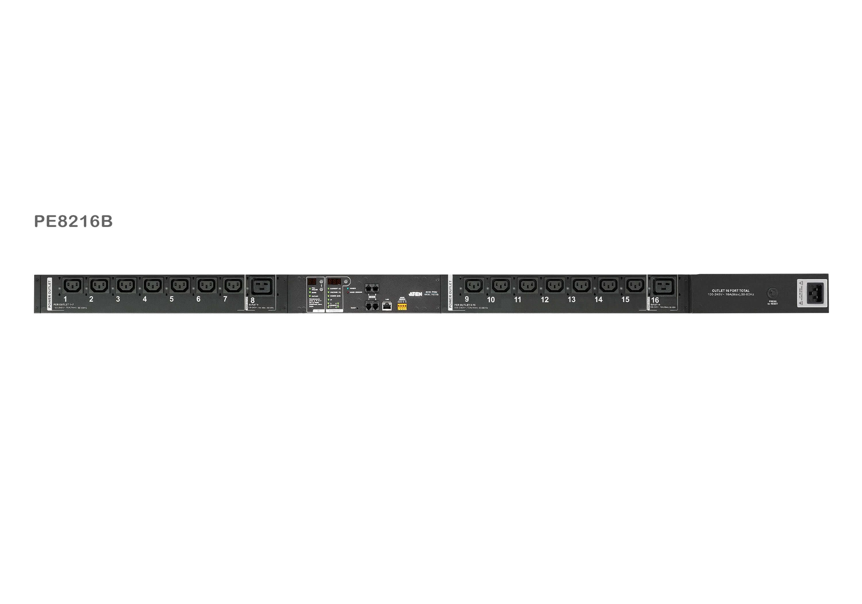 ATEN PE8216G rack-mount eco PDU — three-quarter product view. Series image: ATEN photographs this PDU family as one set and the unit shown may be a different regional variant; the PE8216G has inlet IEC 60320 C20 and 14 x IEC320 C13 + 2 x IEC320 C19.
