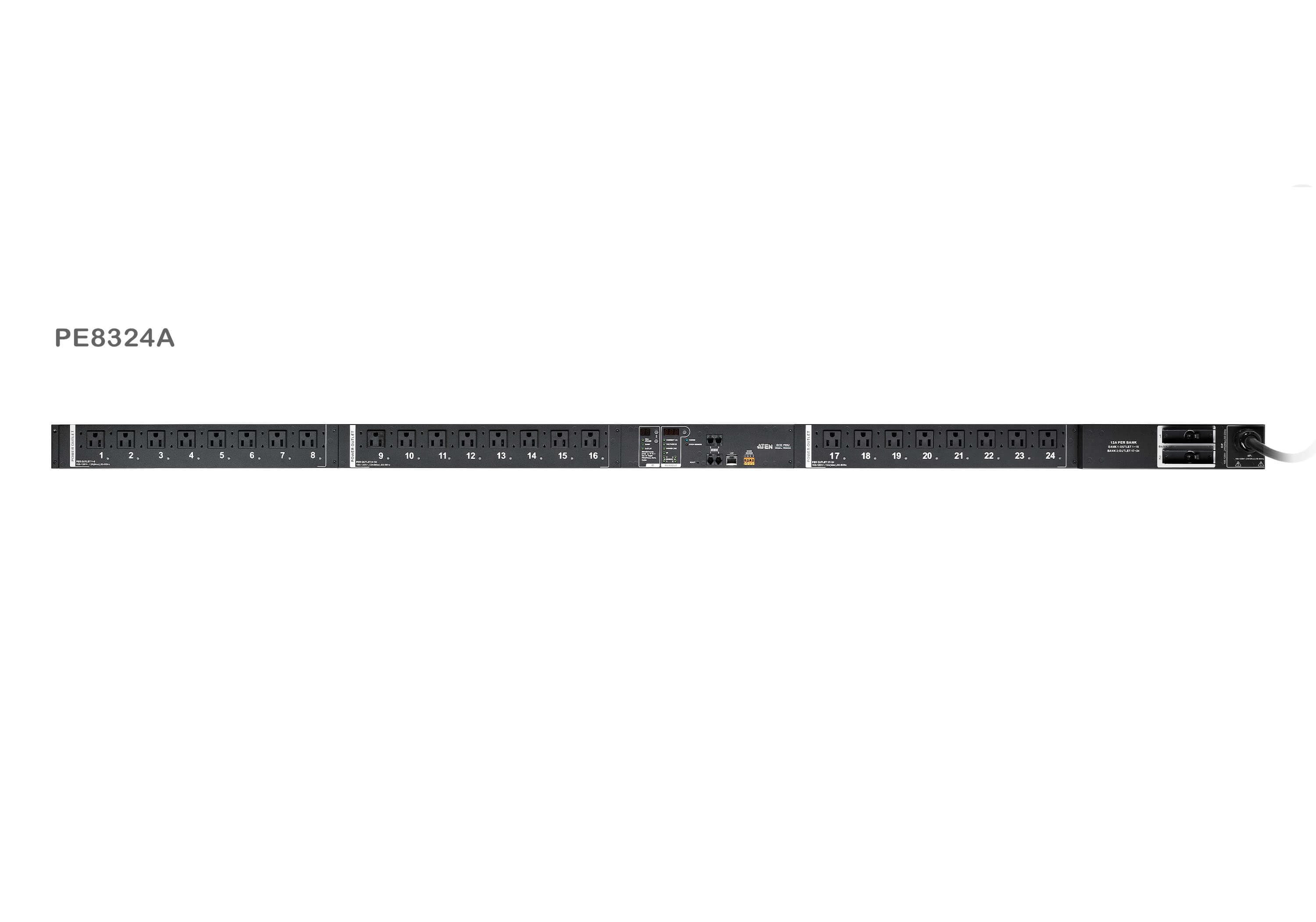 ATEN PE8324G rack-mount eco PDU — three-quarter product view. Series image: ATEN photographs this PDU family as one set and the unit shown may be a different regional variant; the PE8324G has inlet IEC 60309 32A and 21 x IEC320 C13 + 3 x IEC320 C19.