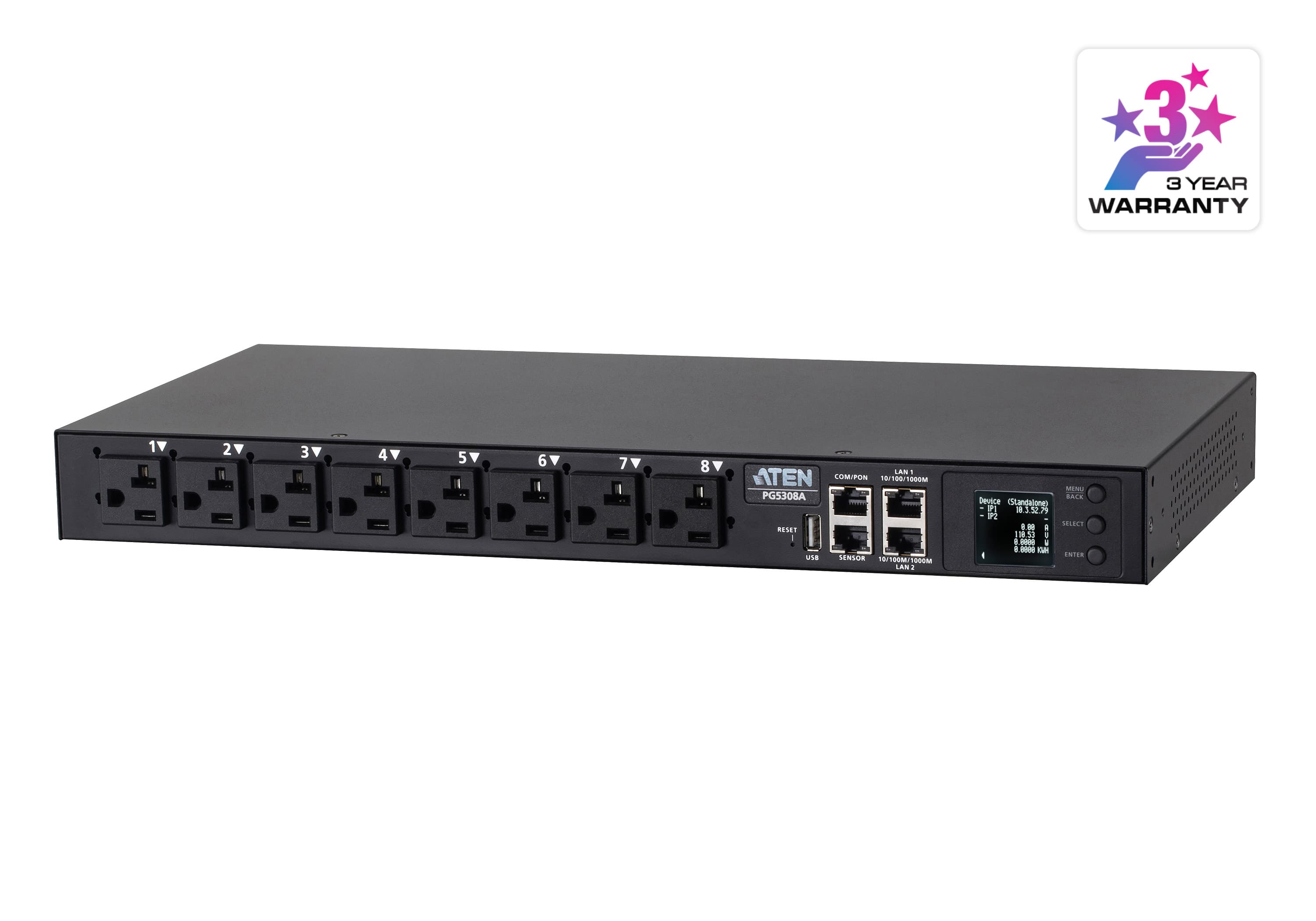 ATEN PG5308G rack-mount eco PDU — three-quarter product view. Series image: ATEN photographs this PDU family as one set and the unit shown may be a different regional variant; the PG5308G has inlet IEC 60309 32A and (6) IEC320 C13+(2) IEC320 C19.