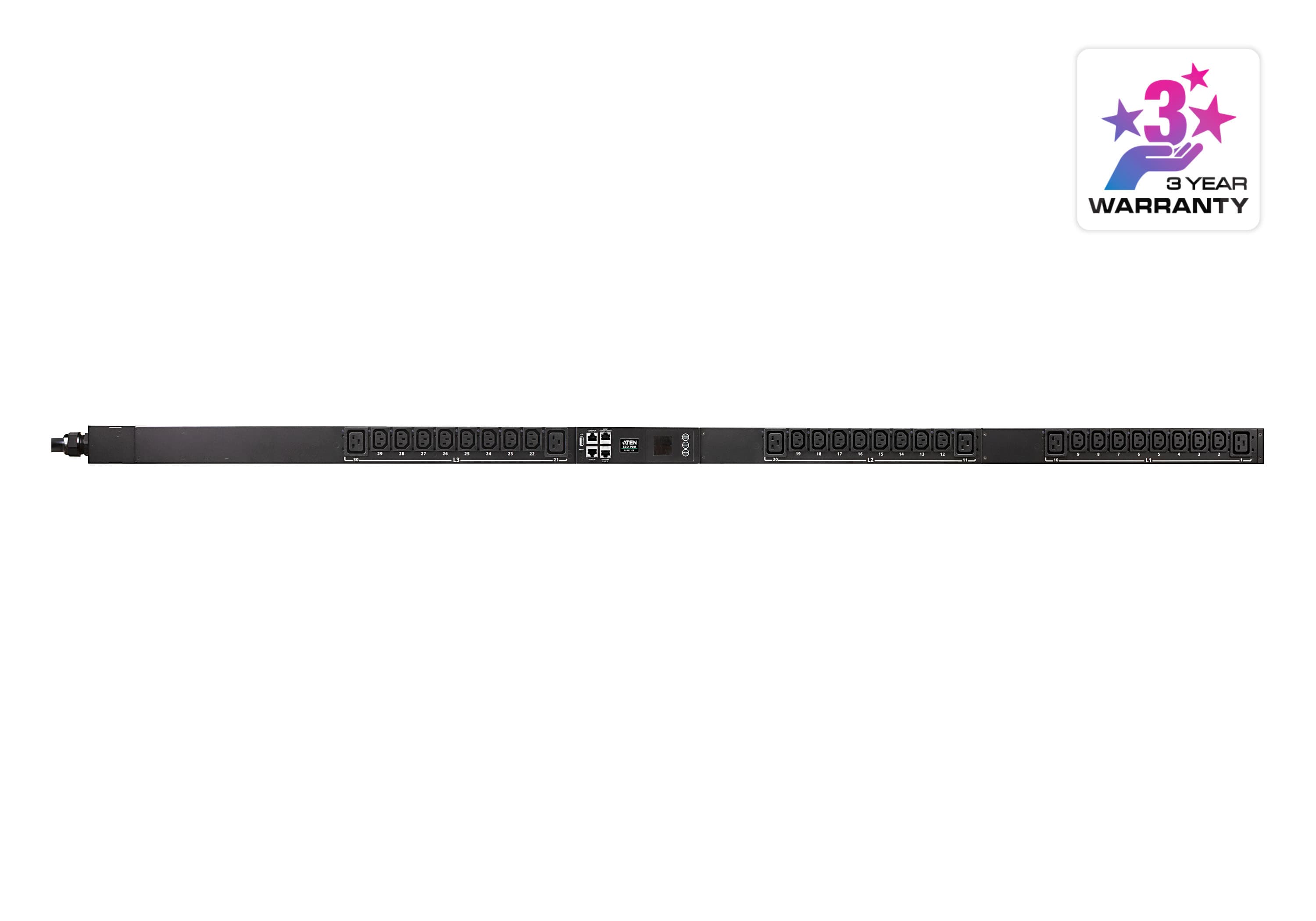 ATEN PG98230G rack-mount eco PDU — three-quarter product view. Series image: ATEN photographs this PDU family as one set and the unit shown may be a different regional variant; the PG98230G has inlet G Plug: IEC 60309 16/20A Red 3P+N+PE and (6) IEC 320 C19, (24) IEC 320 C13.