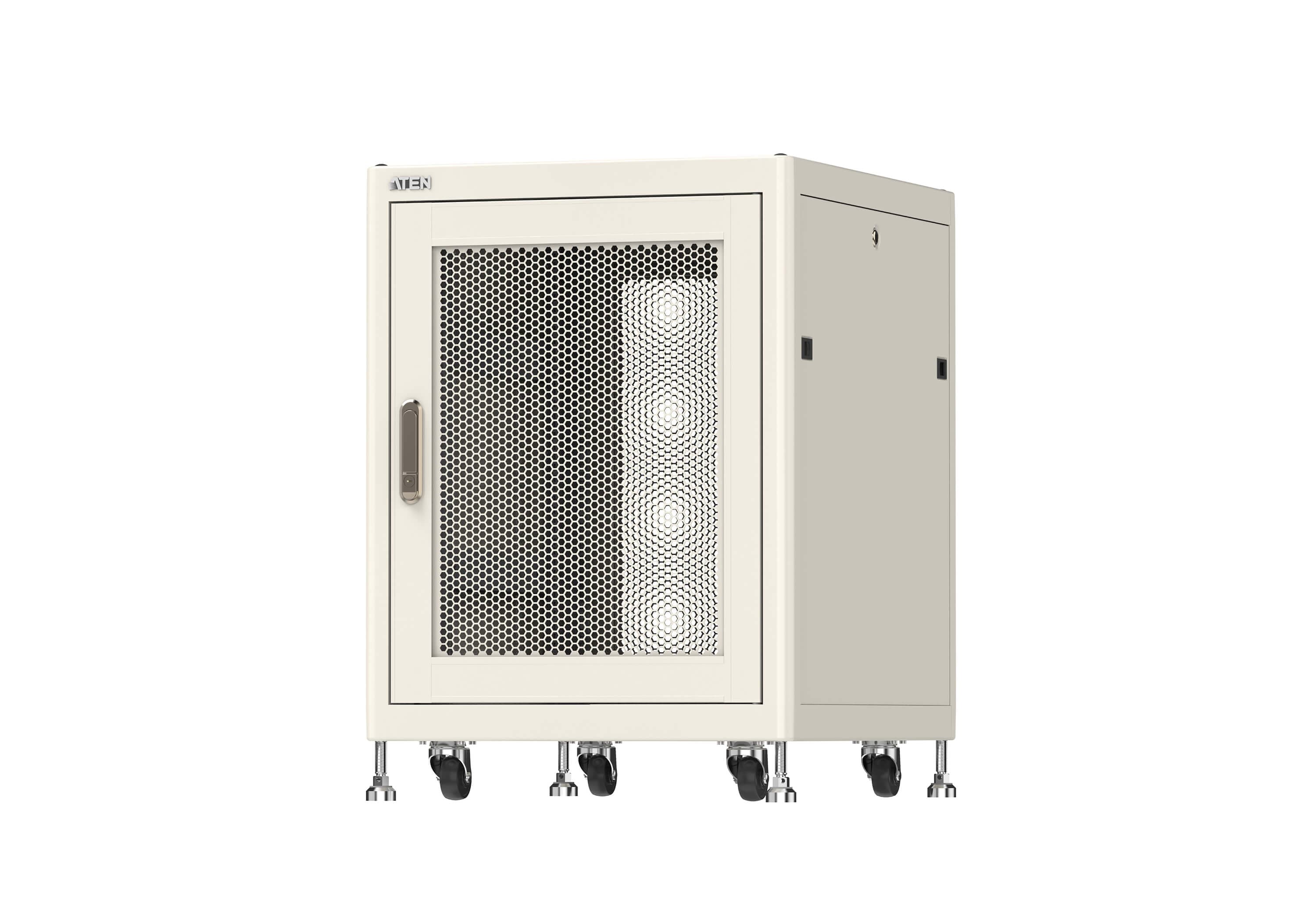 ATEN RC1001 15U 19-inch rack — three-quarter product view. Series image shared across the family with the RC1000; the RC1001 is the 15U, 750 mm deep version.