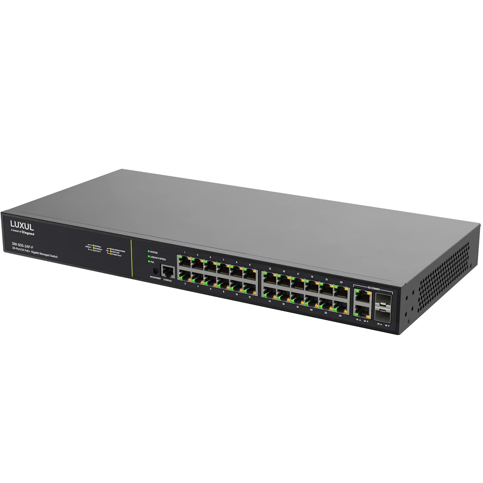 Luxul 24 PoE+ | 2 Combo RJ45/SFP Front-Facing Ports - 1Gb L2/L3 Managed Switch, EU Power Cord — manufacturer product-family image