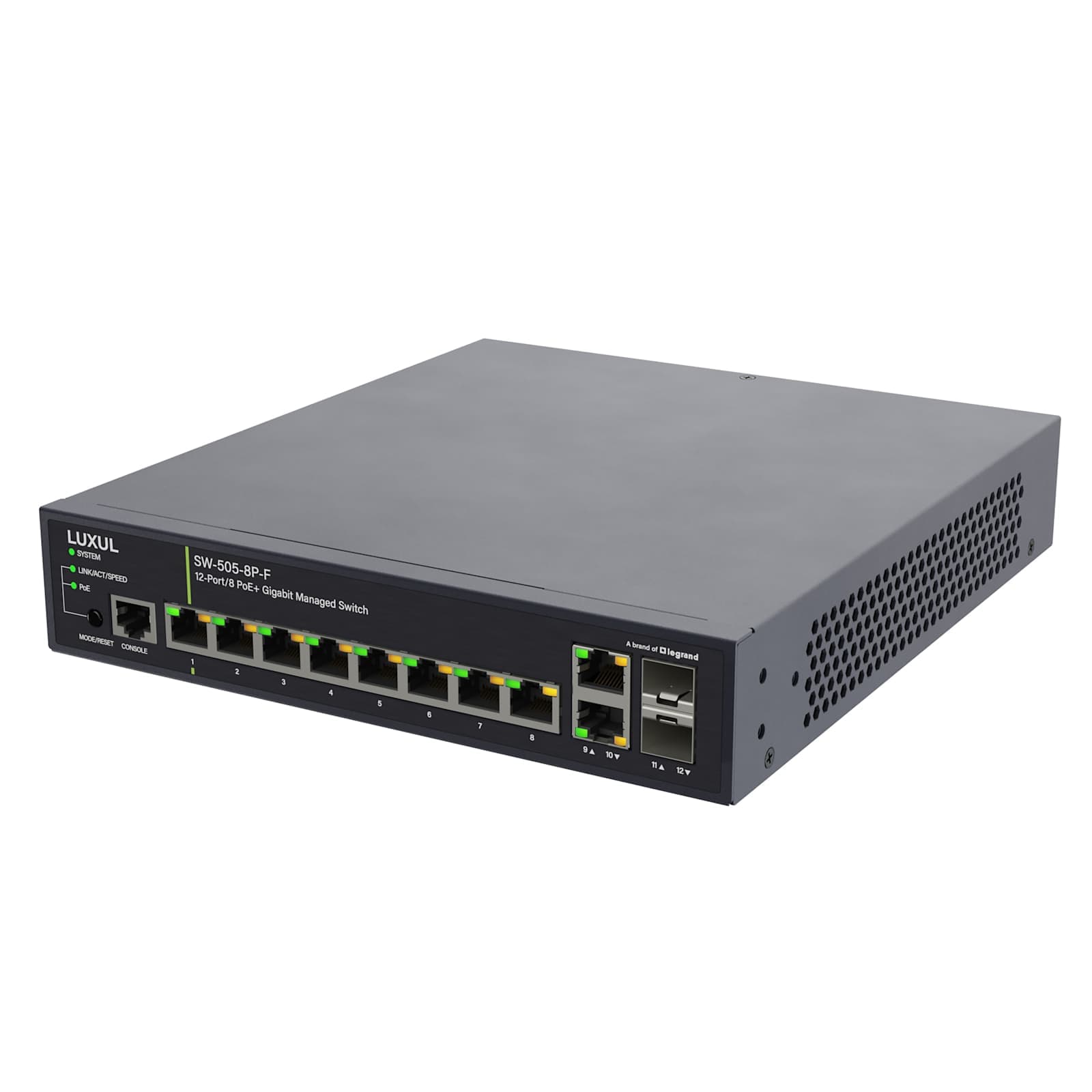 Luxul 8 PoE+ | 2 RJ45 | 2 SFP Front-Facing Ports - 1Gb L2/L3 Managed Switch, UK Power Cord — manufacturer product-family image