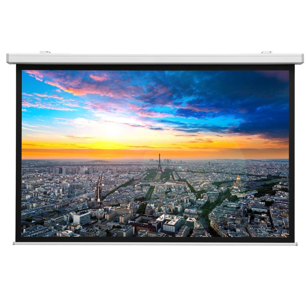 Da-Lite Compact Electrol, 152 x 270 cm with Matte White Non Tensioned — shown fully lowered against a white background, slim white case above a black-bordered surface; manufacturer series photograph — Da-Lite photograph this range at one size only, so the screen shown may be a different size from this model.