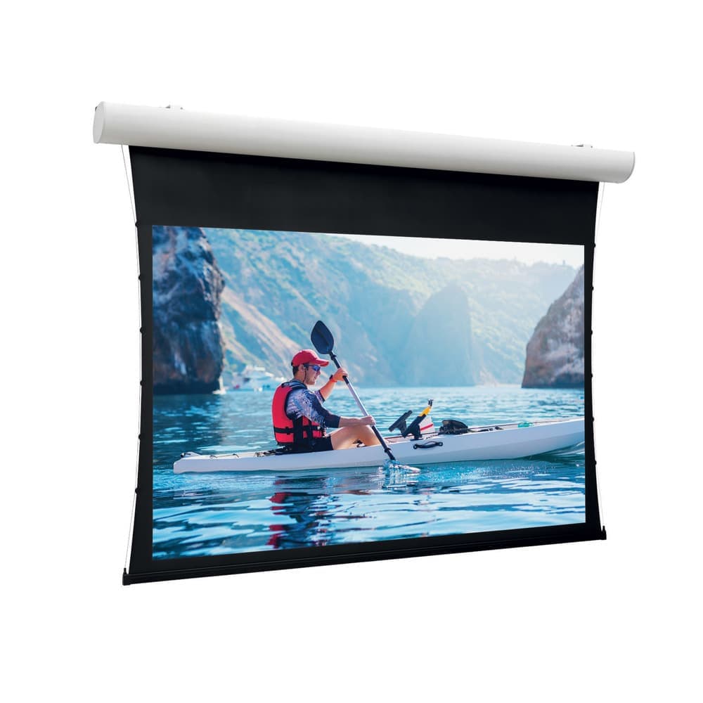 Da-Lite Tensioned Elpro Concept, 156 x 250 cm with Matte White (tensioned) — shown fully lowered against a white background, white case above a black-bordered tensioned surface; manufacturer series photograph — Da-Lite photograph this range at one size only, so the screen shown may be a different size from this model.