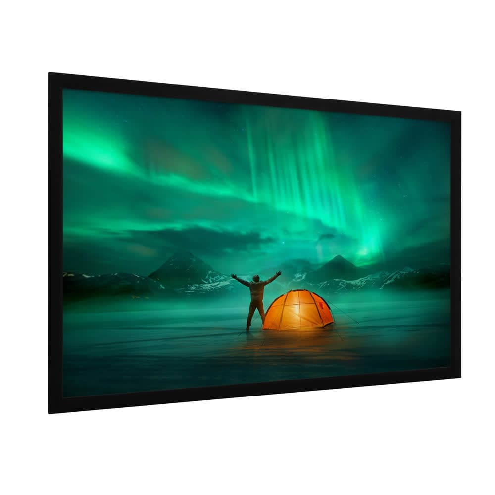 Da-Lite HomeScreen Deluxe, 188 x 300 cm with Matte White (tensioned) — fixed-frame screen shown face-on against a white background, wrapped black velvet frame; manufacturer series photograph — Da-Lite photograph this range at one size only, so the screen shown may be a different size from this model.