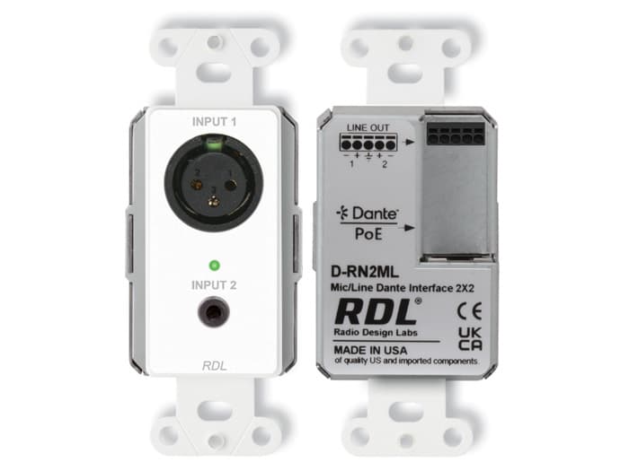 Radio Design Labs D-RN2ML Wall-Mounted Bi-Directional Mic/Line Dante Interface 2x2