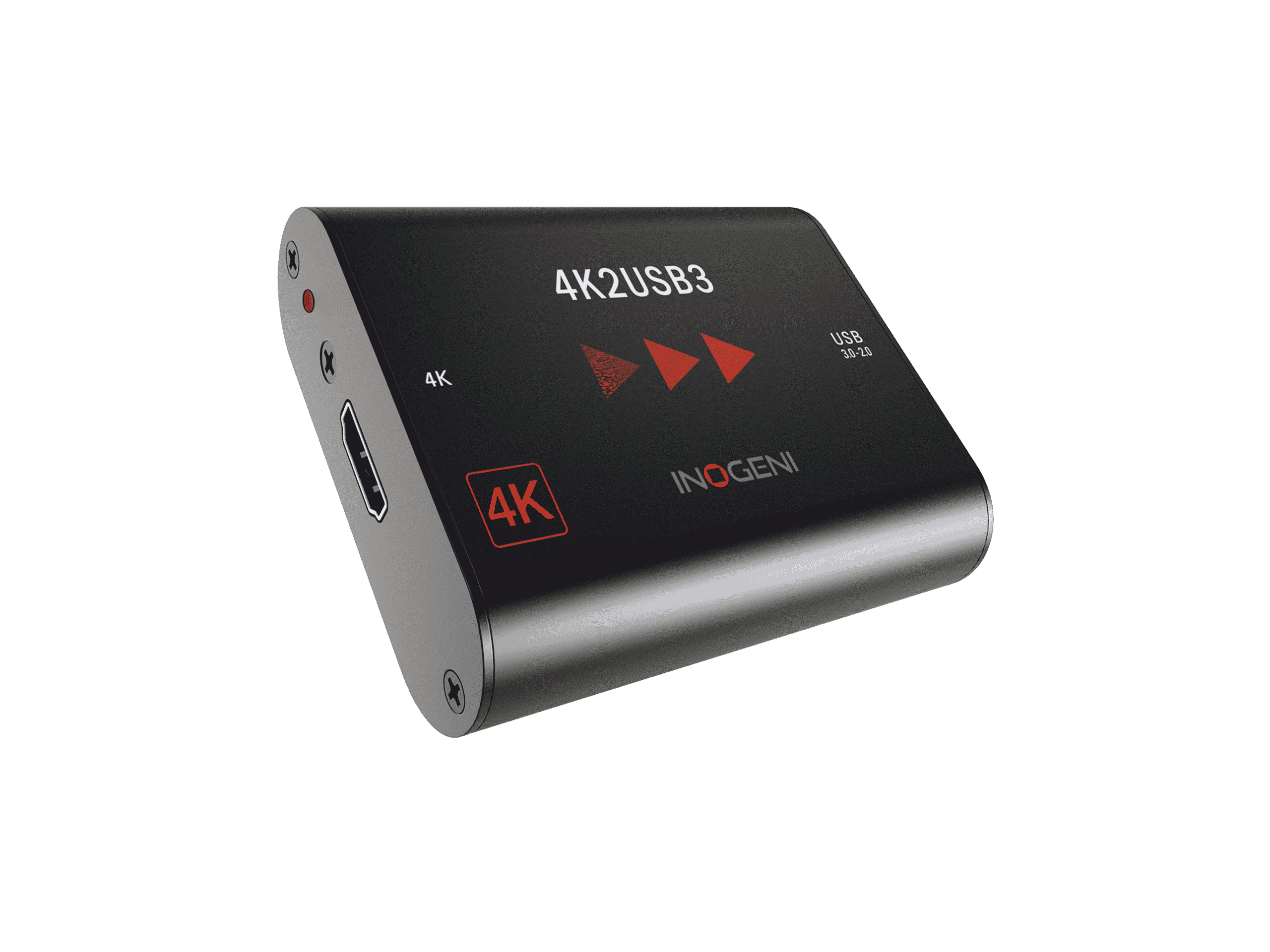 INOGENI 4K2USB3 black aluminium capture card shown at an angle with HDMI and USB 3.0 Type-B connectors
