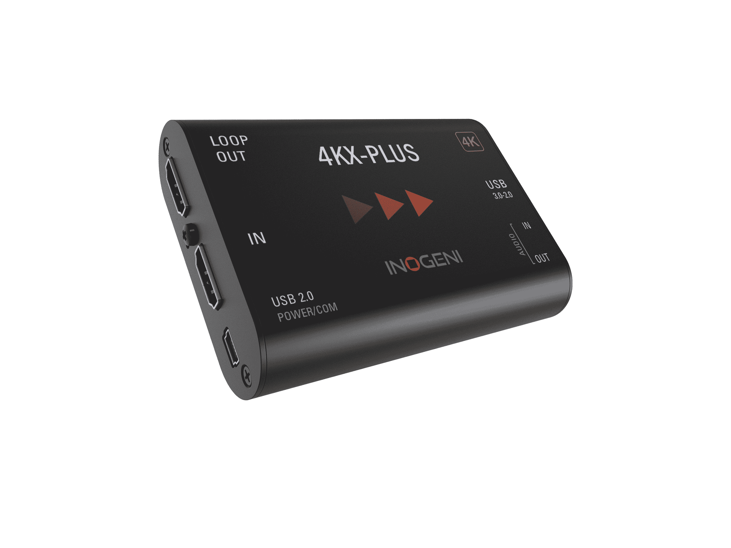 INOGENI 4KX-PLUS black aluminium converter shown at an angle