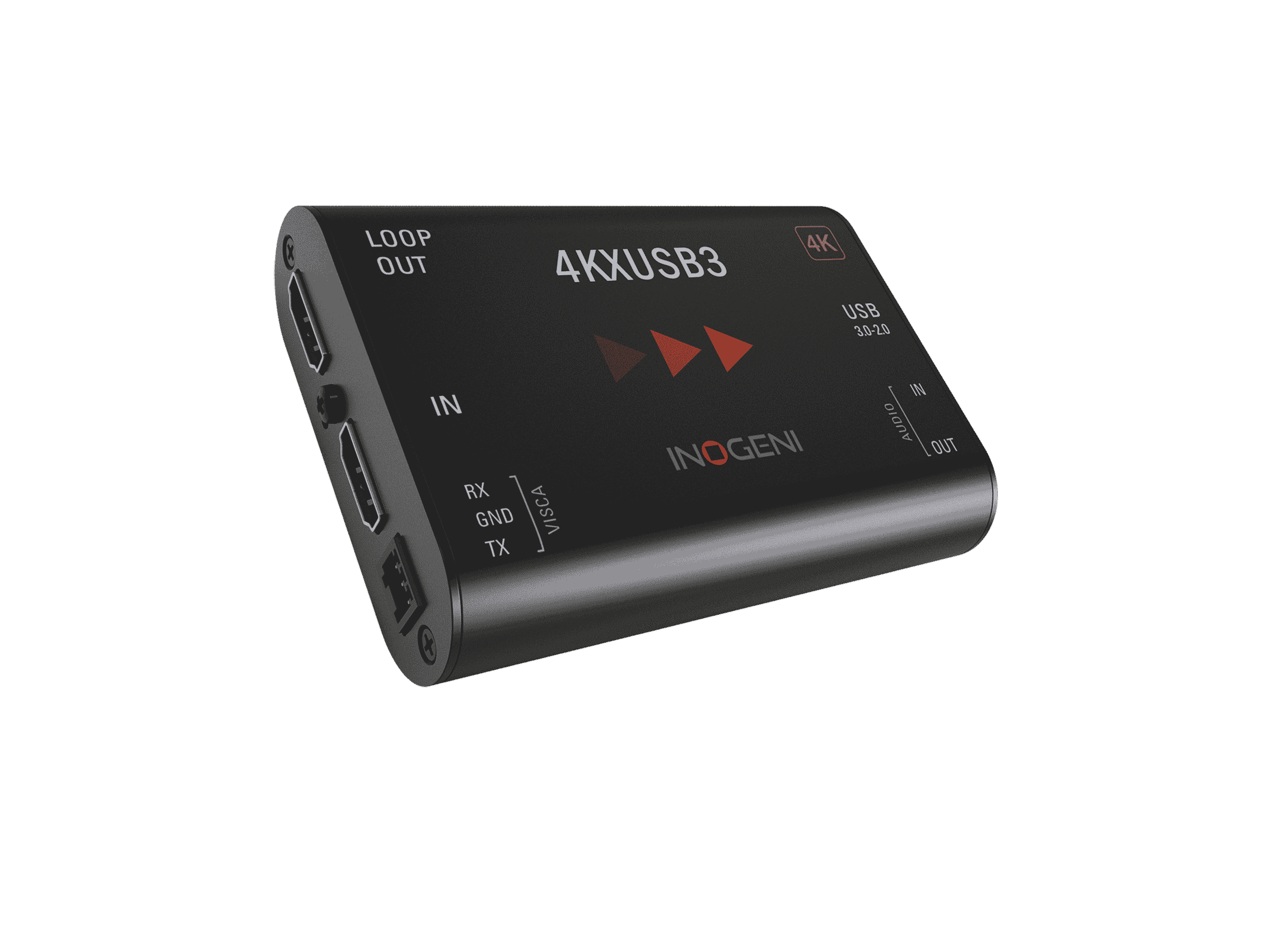 INOGENI 4KXUSB3 black aluminium converter shown at an angle