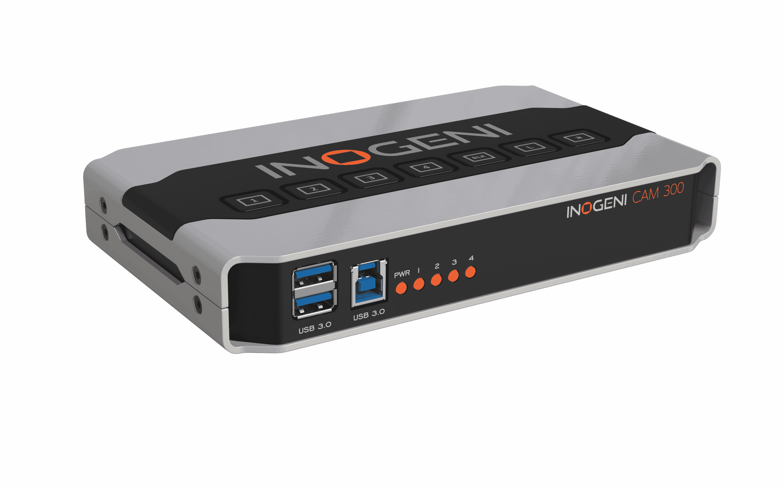 INOGENI CAM300 black switcher shown at an angle with its four input selector buttons