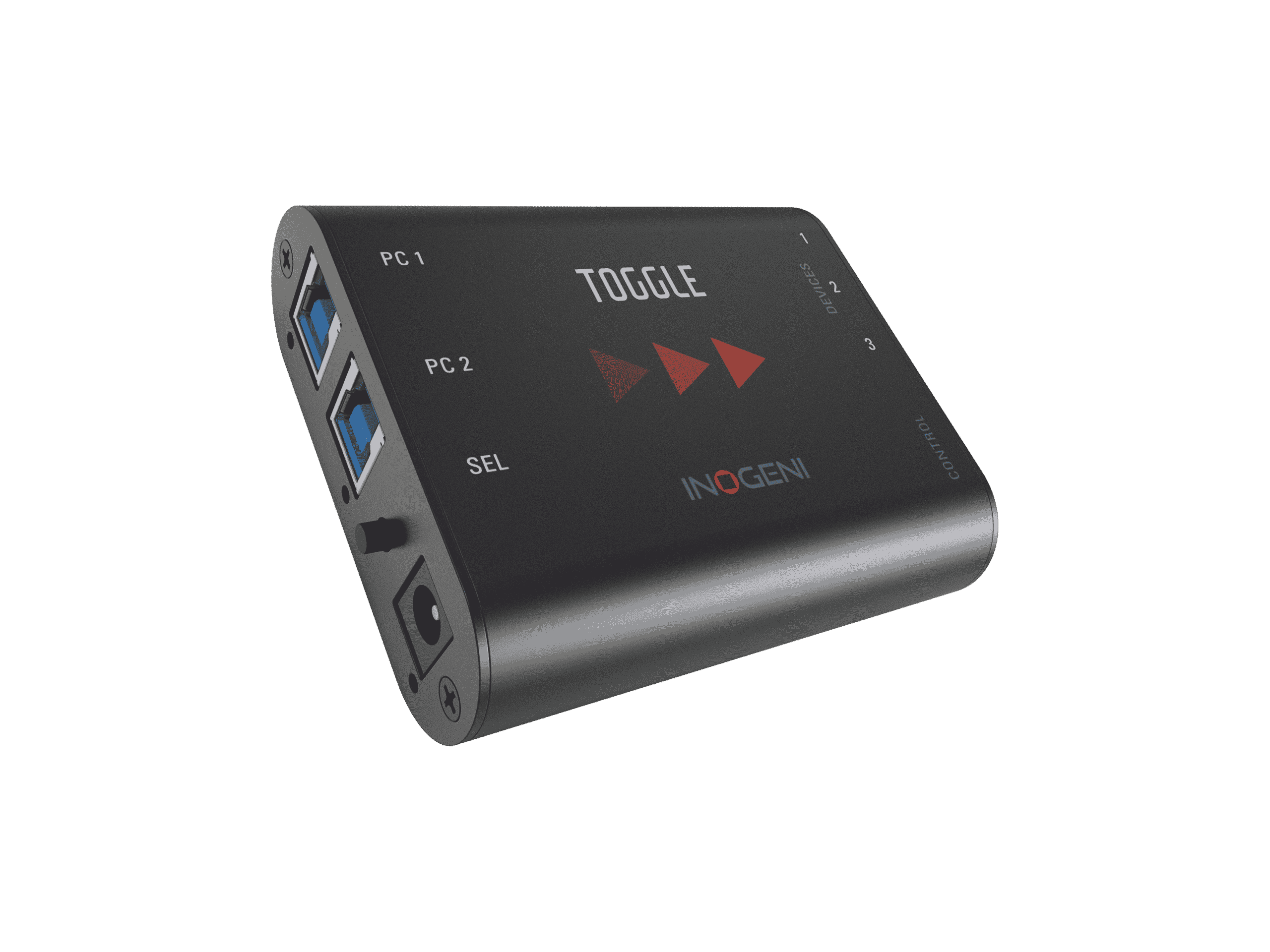 INOGENI TOGGLE black aluminium USB switcher shown at an angle with its two USB Type-B host ports