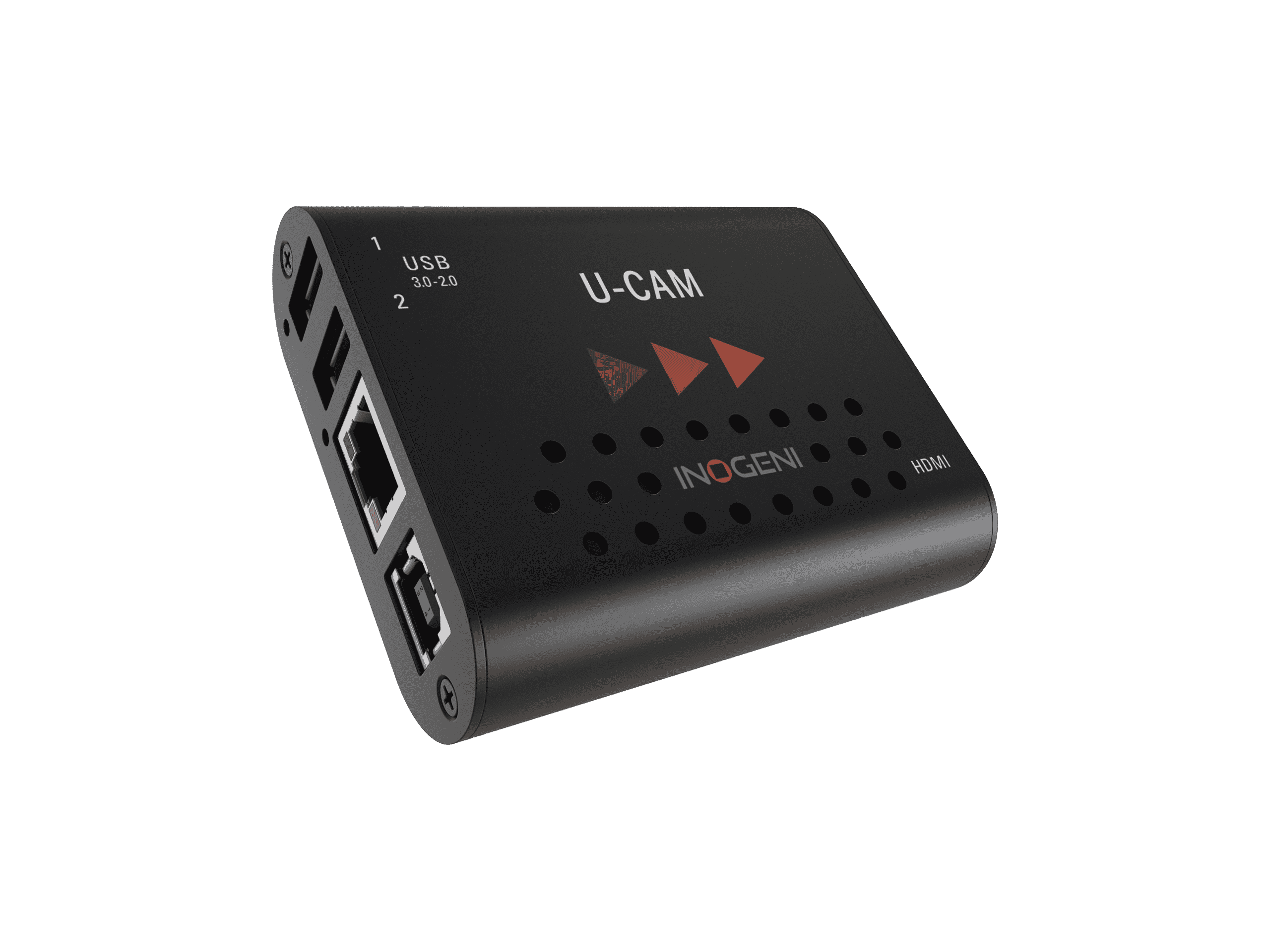INOGENI U-CAM black aluminium converter shown at an angle with its USB and HDMI connectors