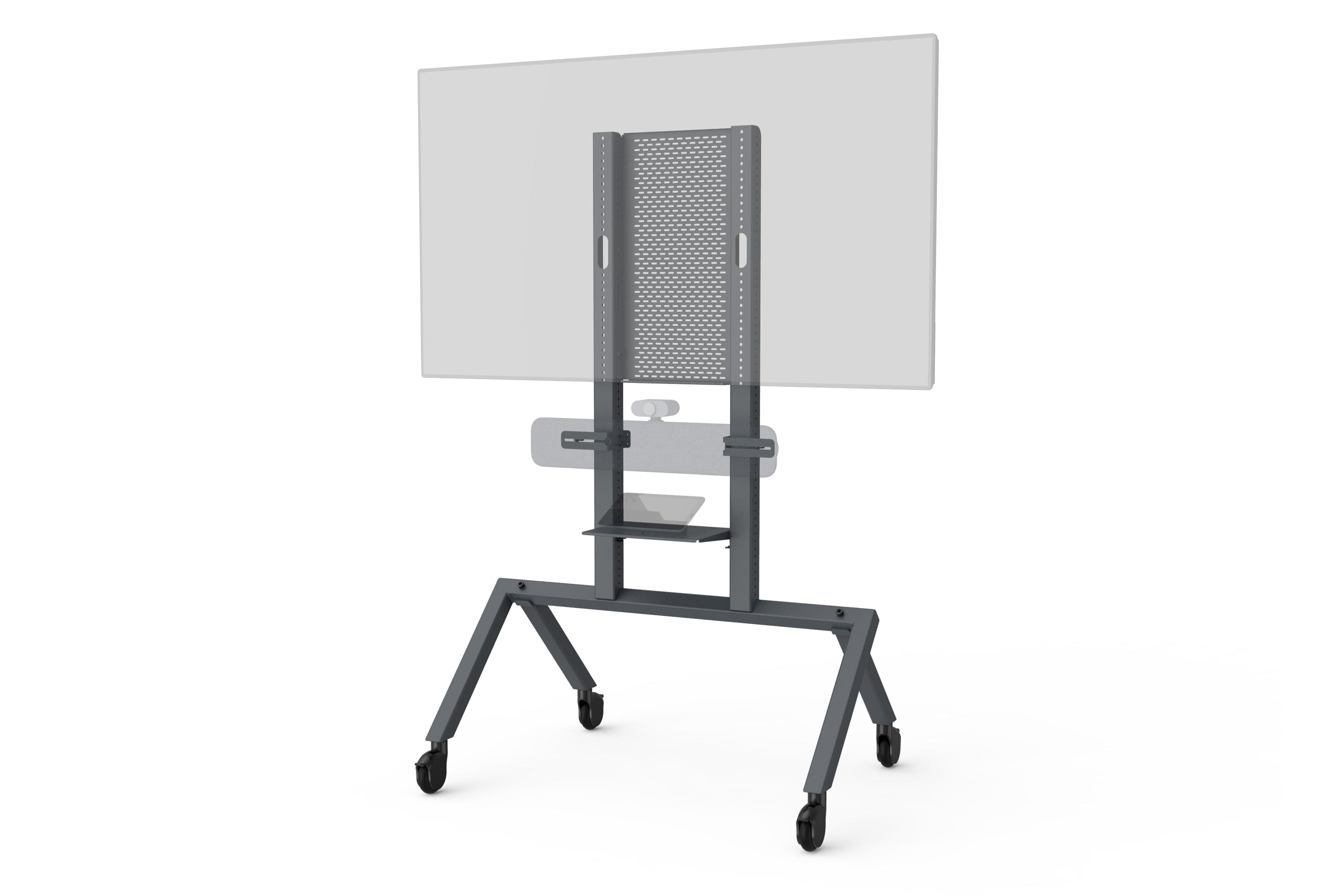 Heckler AV Cart for Google Meet Series One (H720-BG) shown from the rear three-quarter with a display mounted, perforated device panel and control shelf visible, on a white background
