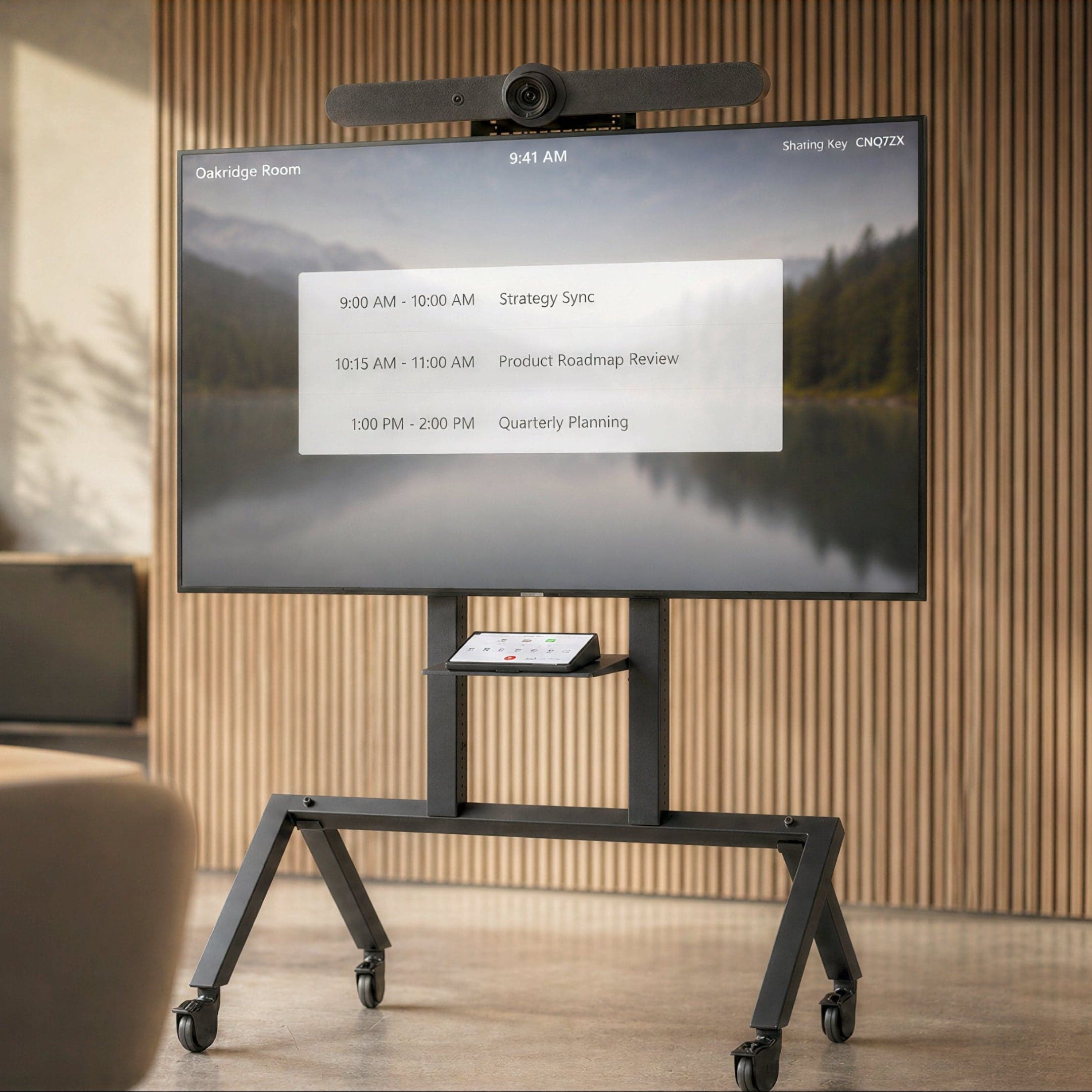 Heckler AV Cart for Logitech Rally Bar (H730-BG) in a room with a wood-slat wall, a large display on the cart with a Rally Bar mounted above it and a touch controller on the control shelf