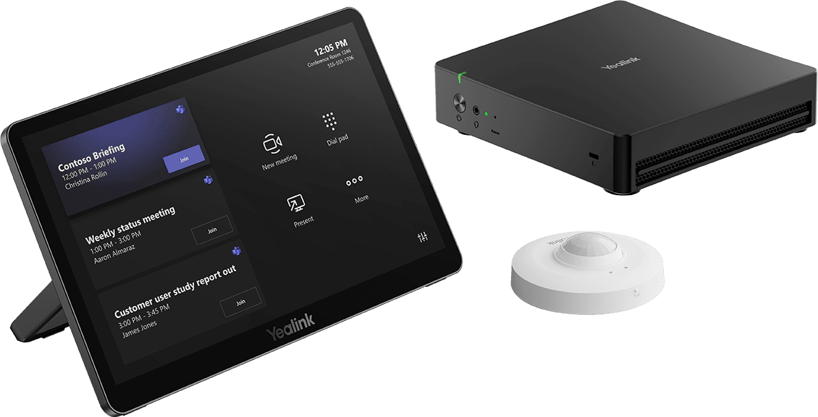 Yealink MCore Kit components shown together - the MTouch Plus touch console on its stand, the black MCore 4 mini-PC and the circular white RoomSensor - manufacturer product-family image