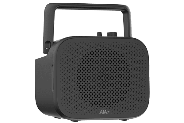 AVer AmpliWave Go portable audio system in black, three-quarter view with the carry handle raised