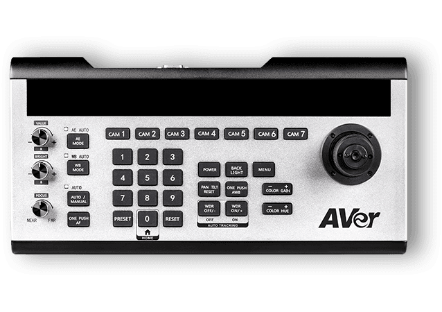 AVer CL01 PTZ camera controller viewed from above, showing the OLED display, numeric keypad, CAM 1-7 channel buttons and joystick