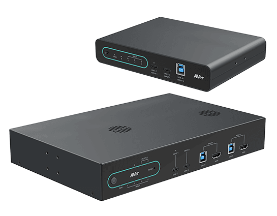 AVer HUB35-EXT35 kit showing the smaller EXT35 extender unit above the larger HUB35 switcher, both in black