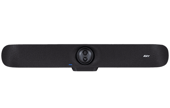 AVer VB350 video bar, front view of the black bar with the dual-lens camera module at the centre