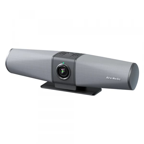 AVerMedia PA511D Mingle Bar, grey fabric-covered video bar shown at an angle on its desk stand with the central camera lens