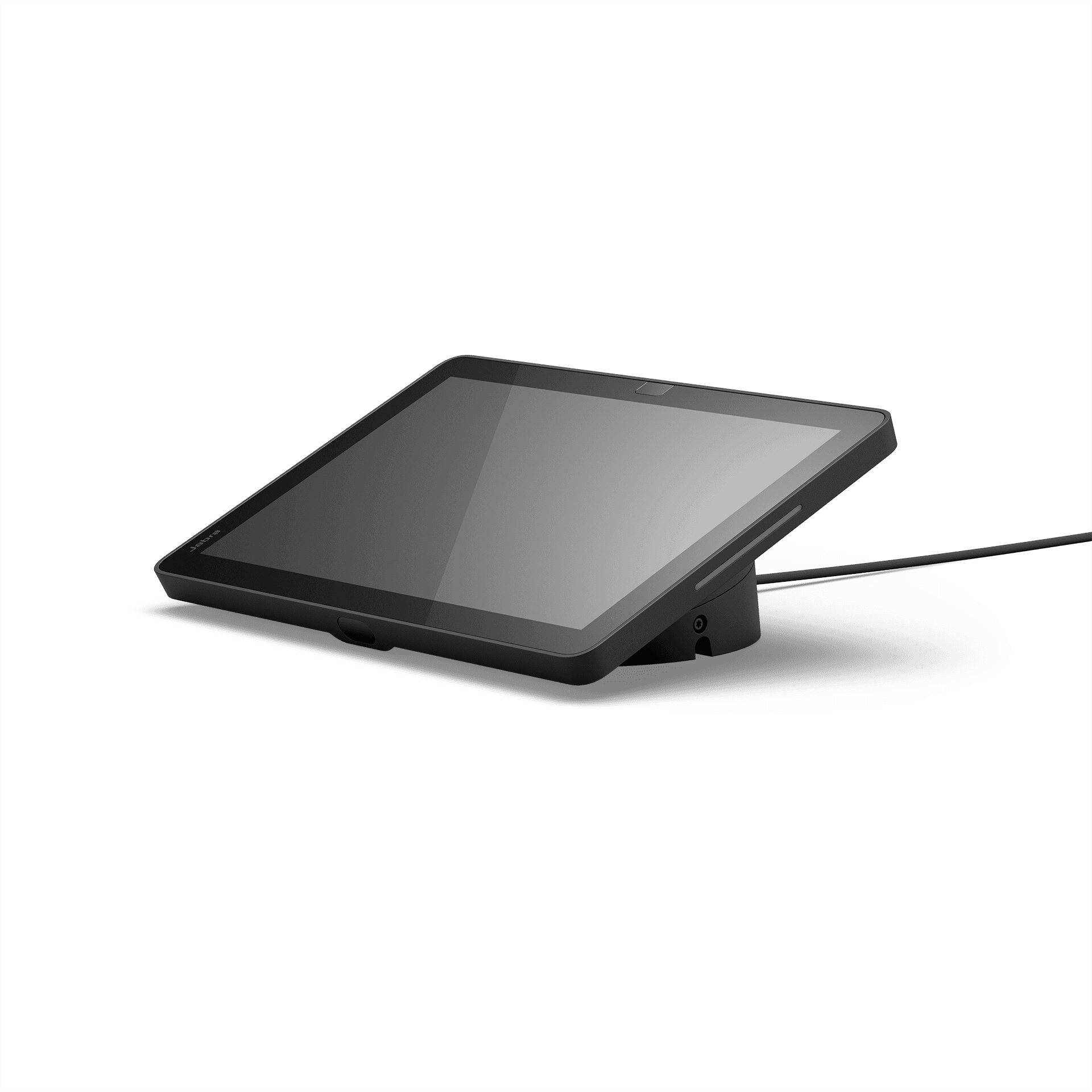Jabra Control IP black 10.1-inch touch controller on its angled desk stand with a single attached cable — manufacturer product-family image