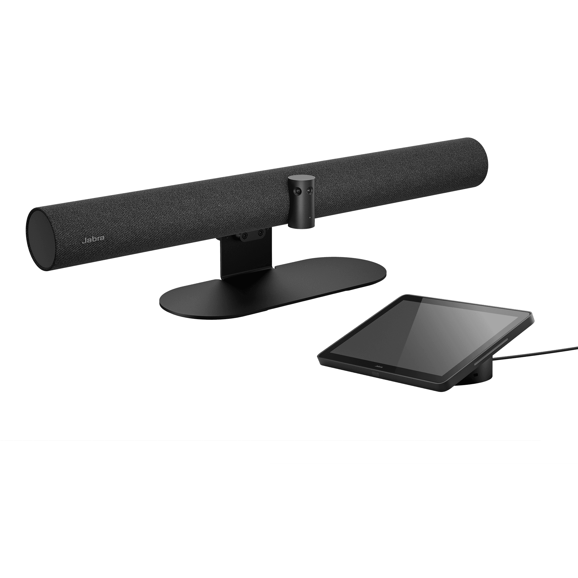 Jabra PanaCast 50 Video Bar System — black fabric video bar on its table stand with the PanaCast Control touch panel beside it