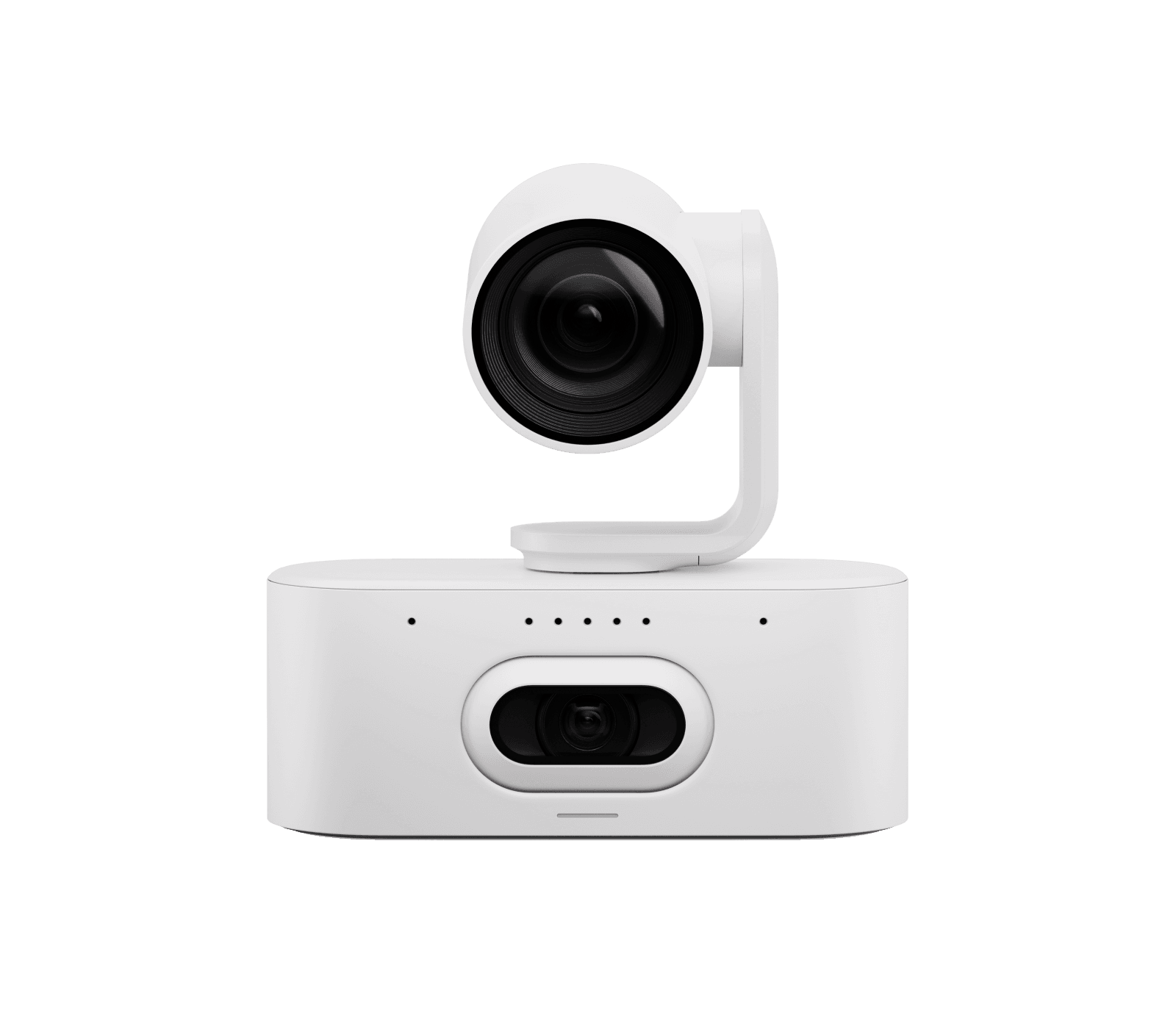 Logitech Rally AI Camera Pro in Off-White — front view of the PTZ lens head above the camera base