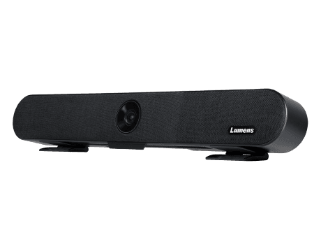 Lumens MS-10 4K Video Soundbar — three-quarter view of the black fabric-fronted bar on its mounting feet