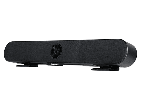 Lumens MS-10S 4K Video Soundbar — three-quarter view of the black bar on its mounting feet