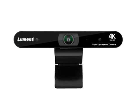 Lumens VC-B11U 4K USB conference camera — front view of the black bar-shaped camera on its folding clip